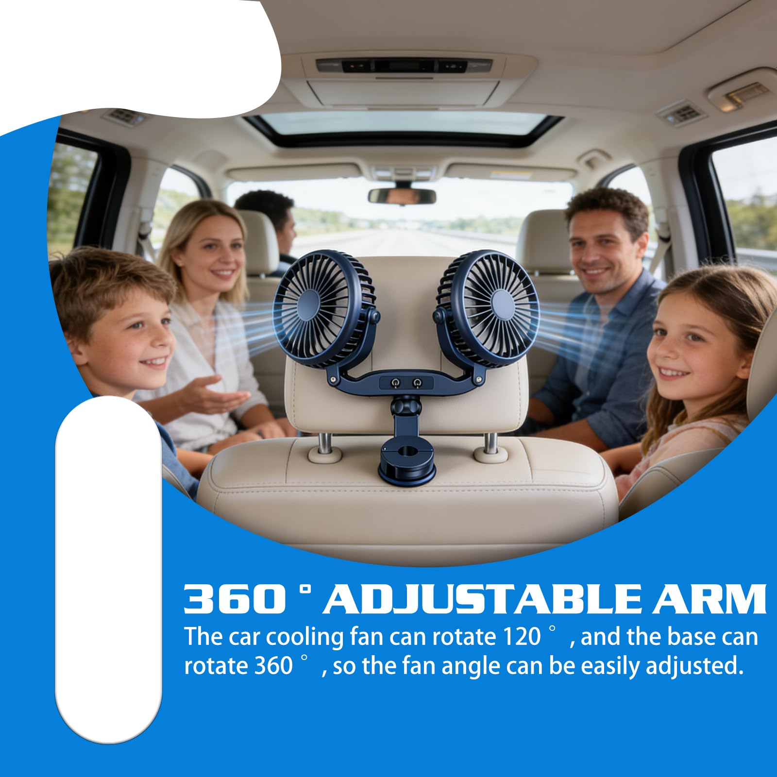 Ventilatore per auto per sedile posteriore, ventilatore USB per auto da 12V con caricabatterie per auto e cavo, ventilatore per auto a raffreddamento ad aria girevole a 360° a 3 velocità, ventilatore