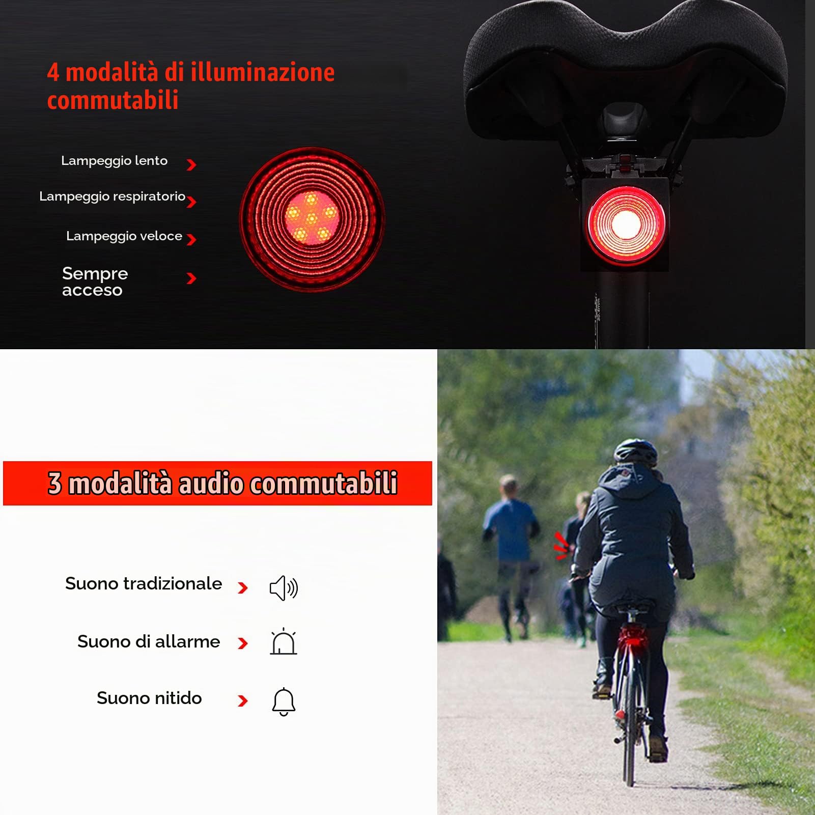 Luce Posteriore per Allarme Bici senza Fili Antifurto con Telecomando 108db 3 Modalità Campanello+4 Modalità di Illuminazione Fanale Posteriore Della Bicicletta IPX5 Impermeabile per Ciclismo