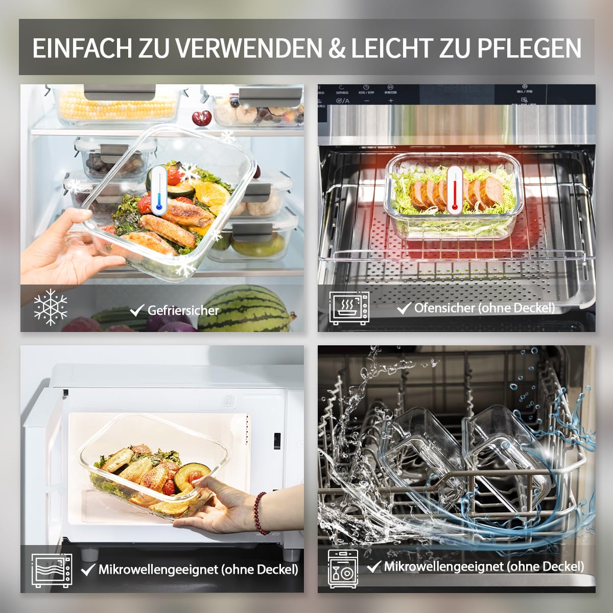 Set di contenitori in vetro per alimenti, 18 pezzi (9 contenitori, 9 coperchi trasparenti), lavabili in lavastoviglie, microonde e freezer, a prova di perdite, senza BPA