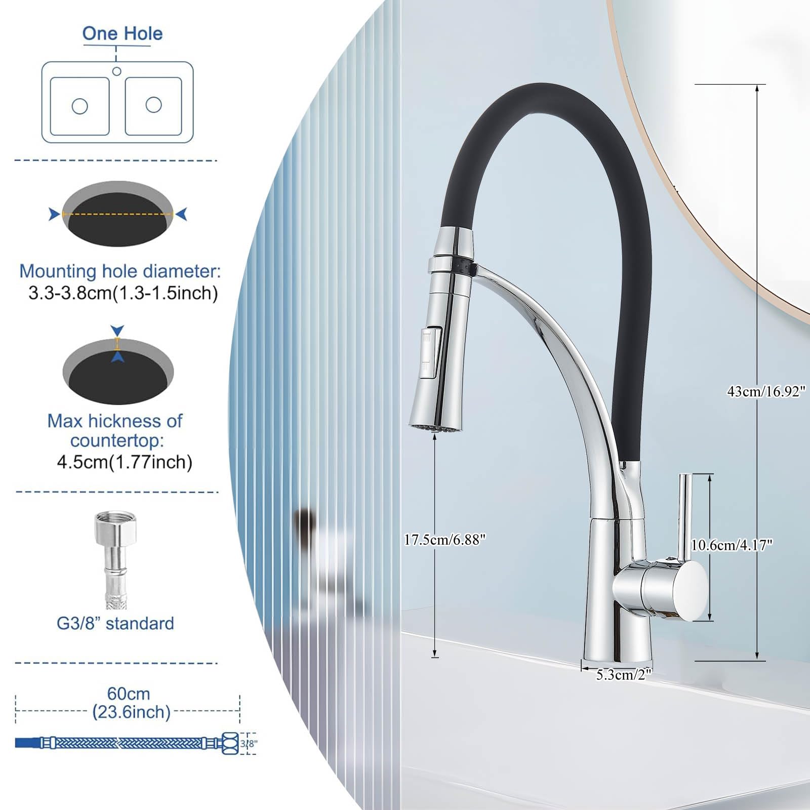 Niederdruck Armatur Küche Spültischarmatur Chrom Flexibler Schwarz 360° Drehbare mit 2 Sprühfunktionen mit Wasserspar Aerator Mischbatterie