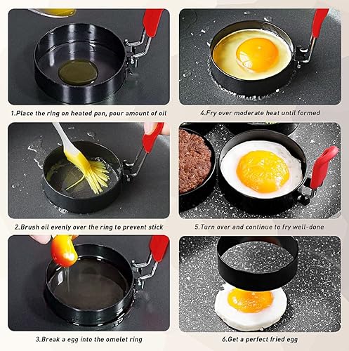 Miniatura 3 de JANNO 6 moldes para panqueques, anillo de huevo, anillos de cocina de metal recubierto de negro antiadherente con mango antiquemaduras de silicona