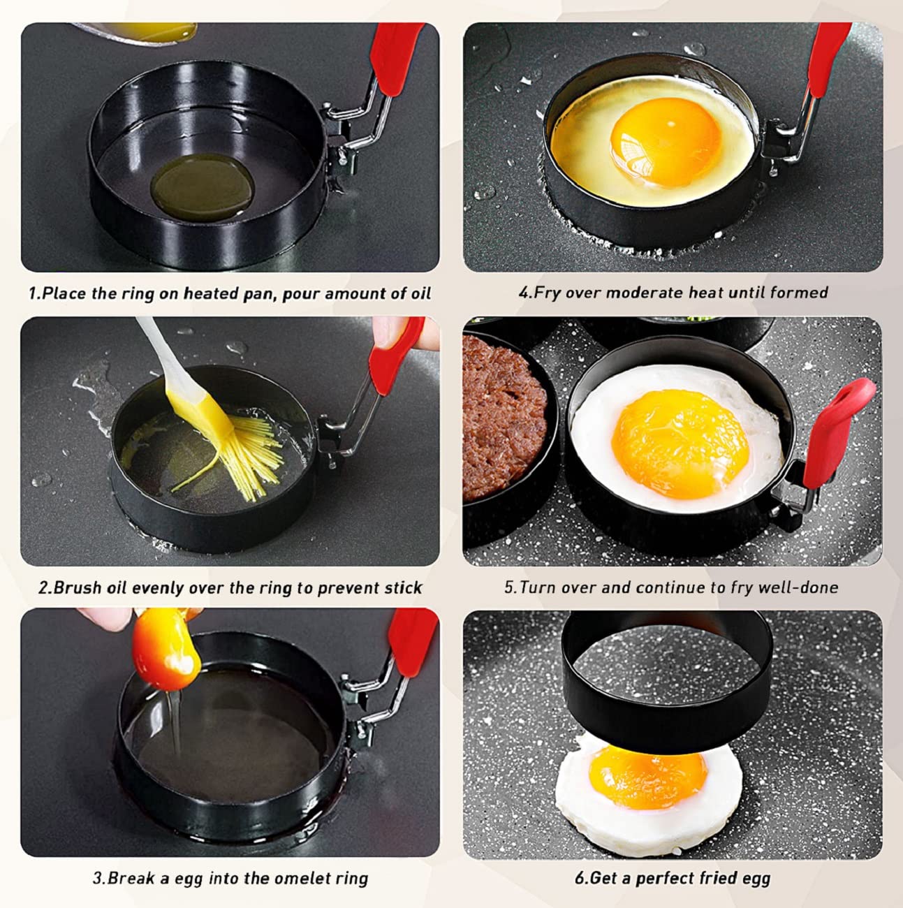 6 moldes para panqueques, anillo de huevo, anillos de cocina de metal recubierto de negro antiadherente con mango antiquemaduras de silicona para plancha, huevos de sándwich de bricolaje, 3