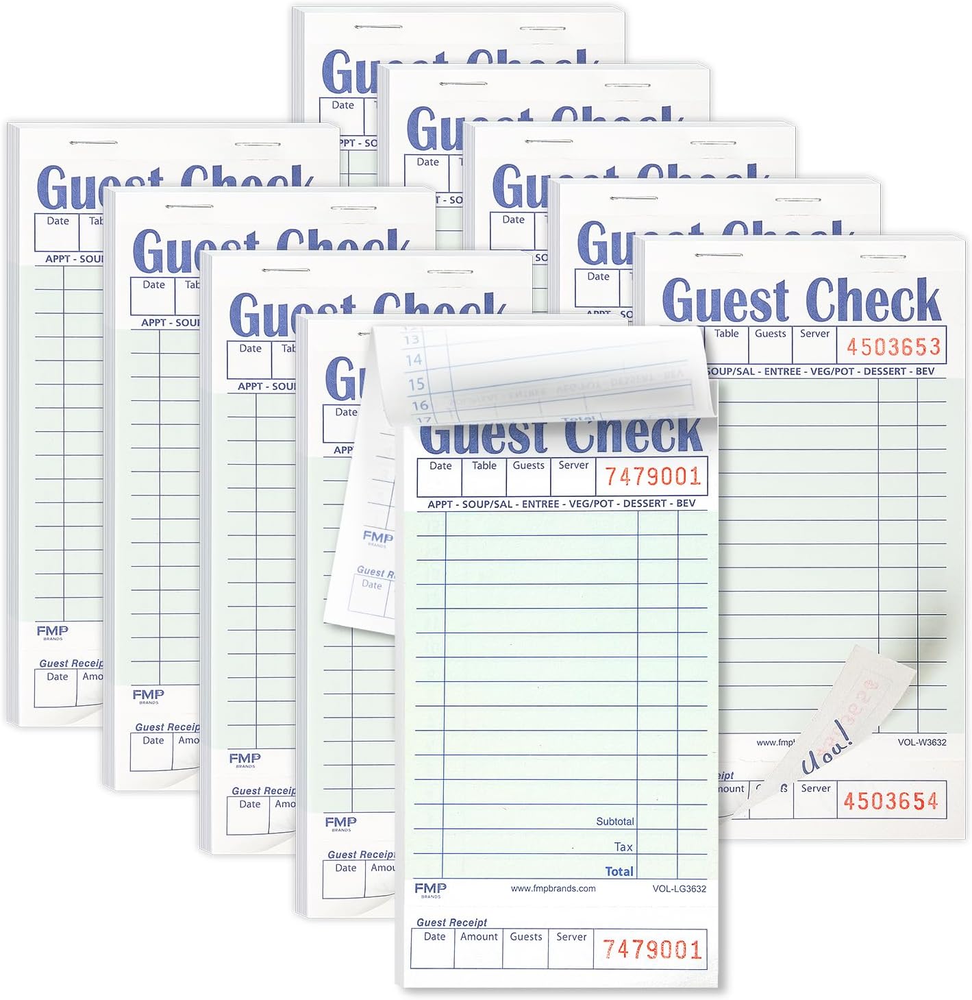 FMP Brands Guest Check Books for Servers, Server Note Pads Paper, Total 500 Sheets (10 Pads), Light Green with Guest Receipt, Guest Check Pads, Restaurant Order Pads, Waitress Notepads