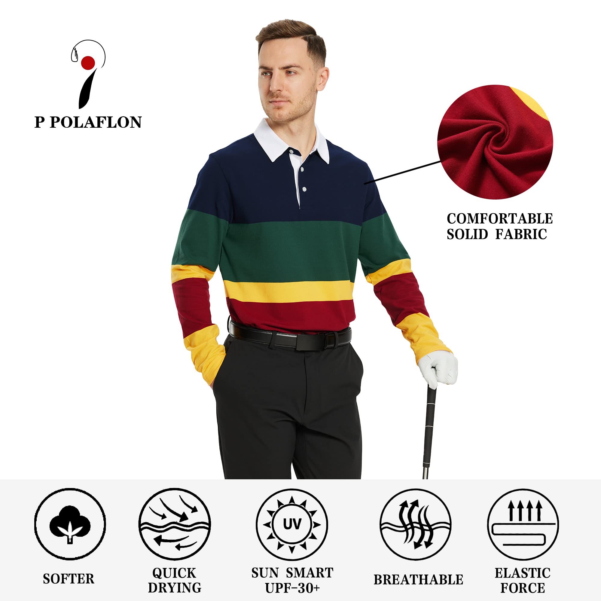Polo da golf da uomo a maniche lunghe a righe asciutte vestibilità atletica casual a maglia polo per uomo, Colore: giallo marino., L