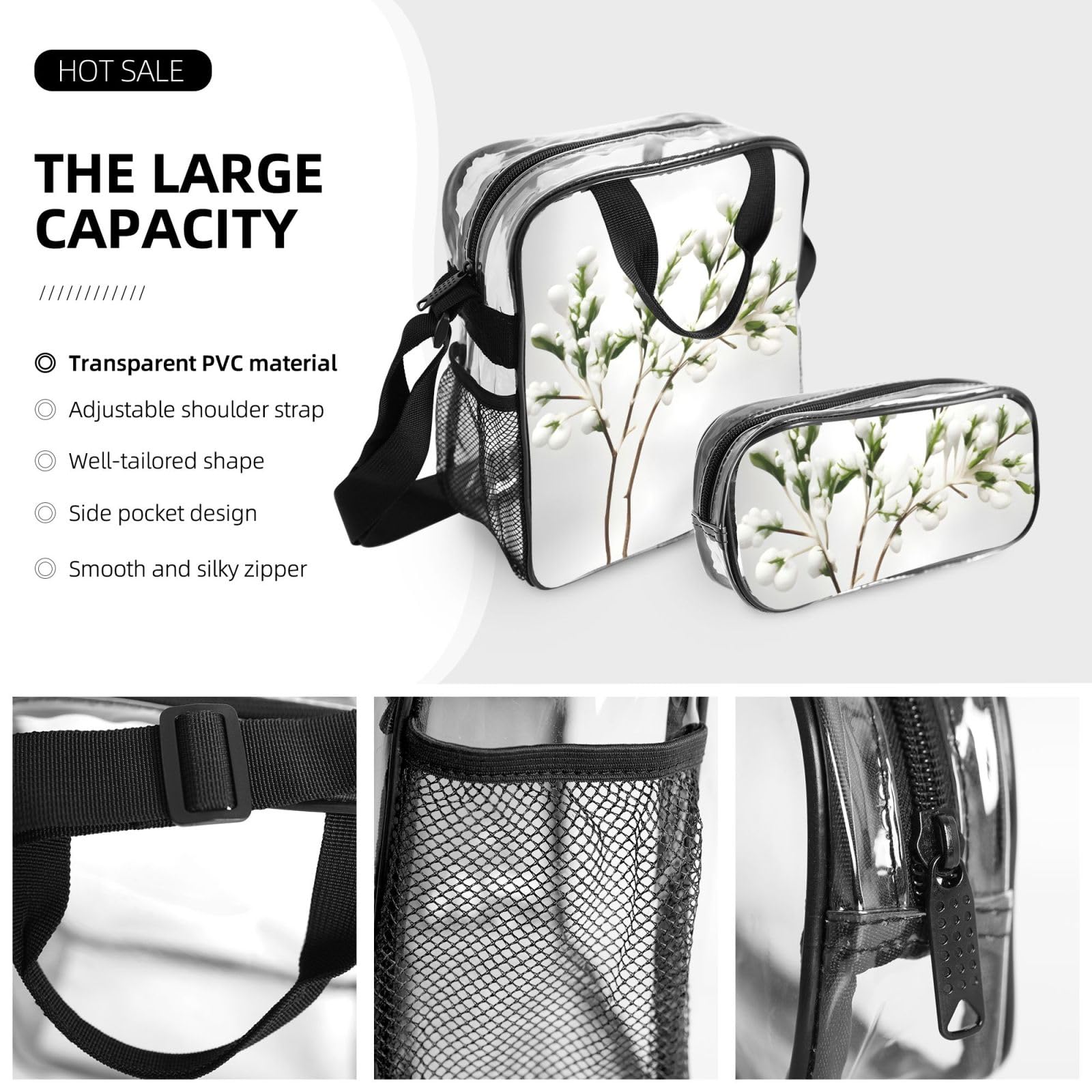 Rucksack-Set, 3-in-1, transparent, für Schule, Arbeit, Stadion, Veranstaltungen und den täglichen Gebrauch, Weiß
