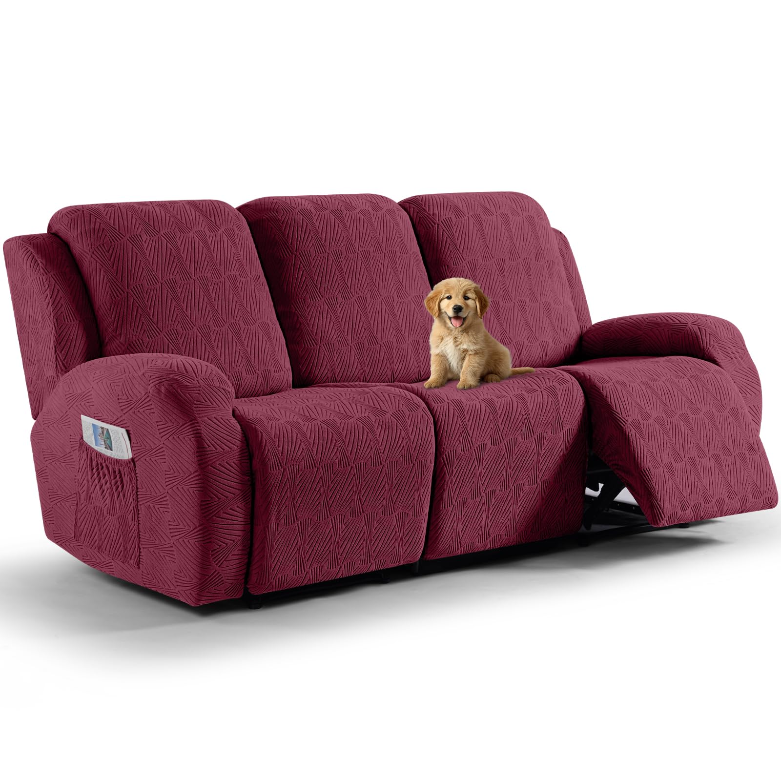 Photo 1 of VANSOFY Recliner Couch Cover, 8-Pieces Stretch Recliner Sofa Cover Soft Jacquard Reclining Slipcover Furniture Protector with Elastic Bottom for Kid, Pets(3 Seat,Wine)