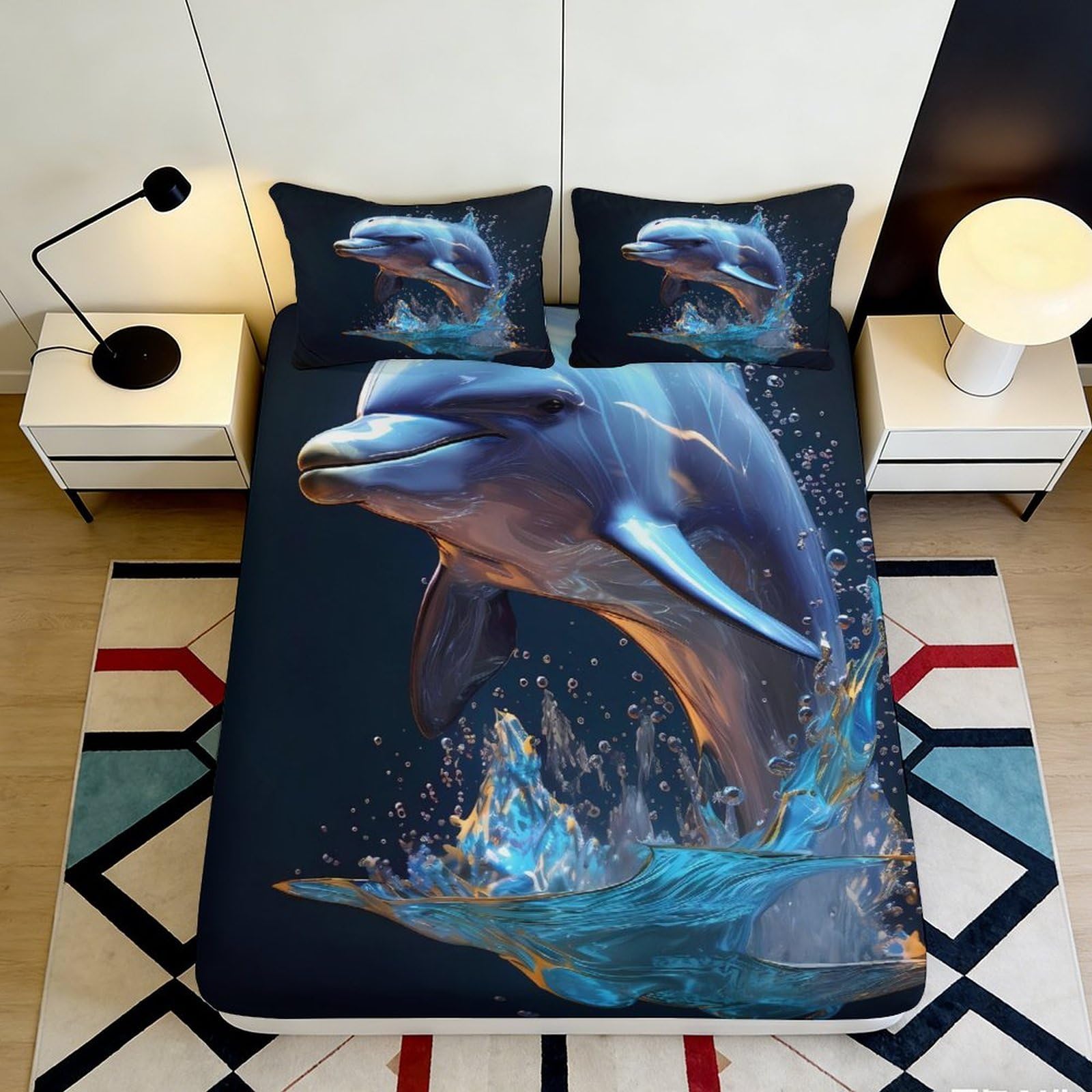3D Printed Dolphin Fitted Sheet Microfiber Deep Pocket Bedroom Bedding Set Ocean Mattress Fitted Cover Non-Slip Full Wrap Washable 200x200x25cm 90x200x25cm