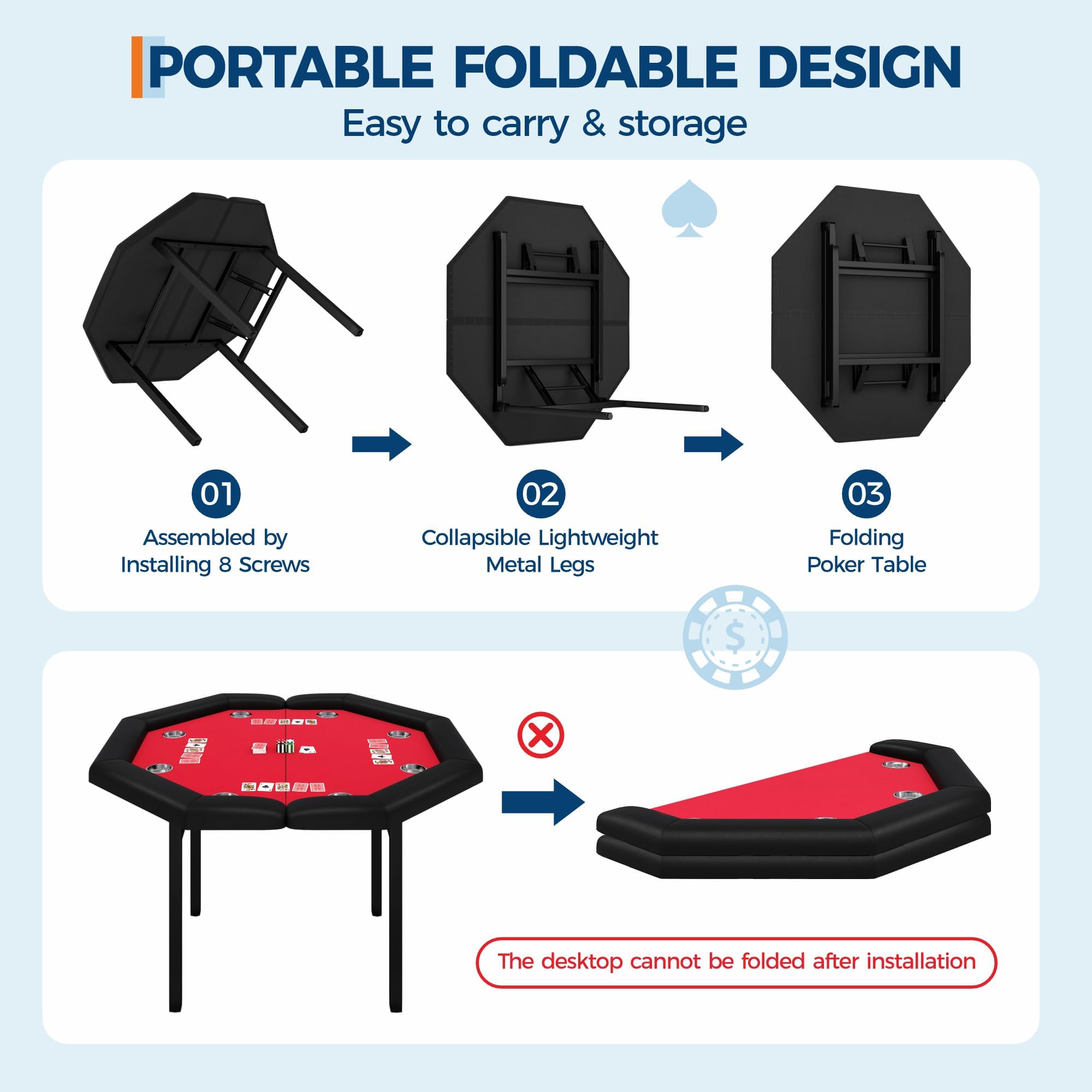 Garvee Tavolo Da Poker Ottagonale Pieghevole, 122 cm Per 8 Giocatori