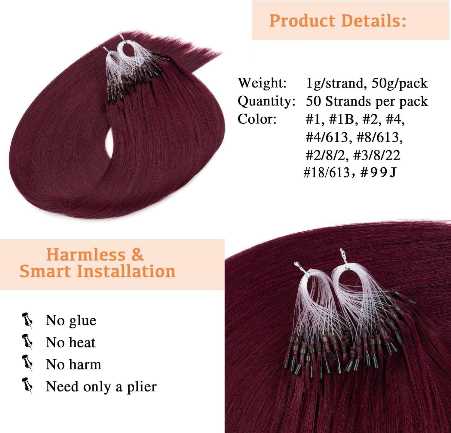 Kun Na Human Hair Extensions Wine Red Micro Beads Real Human Hair Burgundy Micro Loop Hair Extensions 20 Inch 50g #99J - Image 2