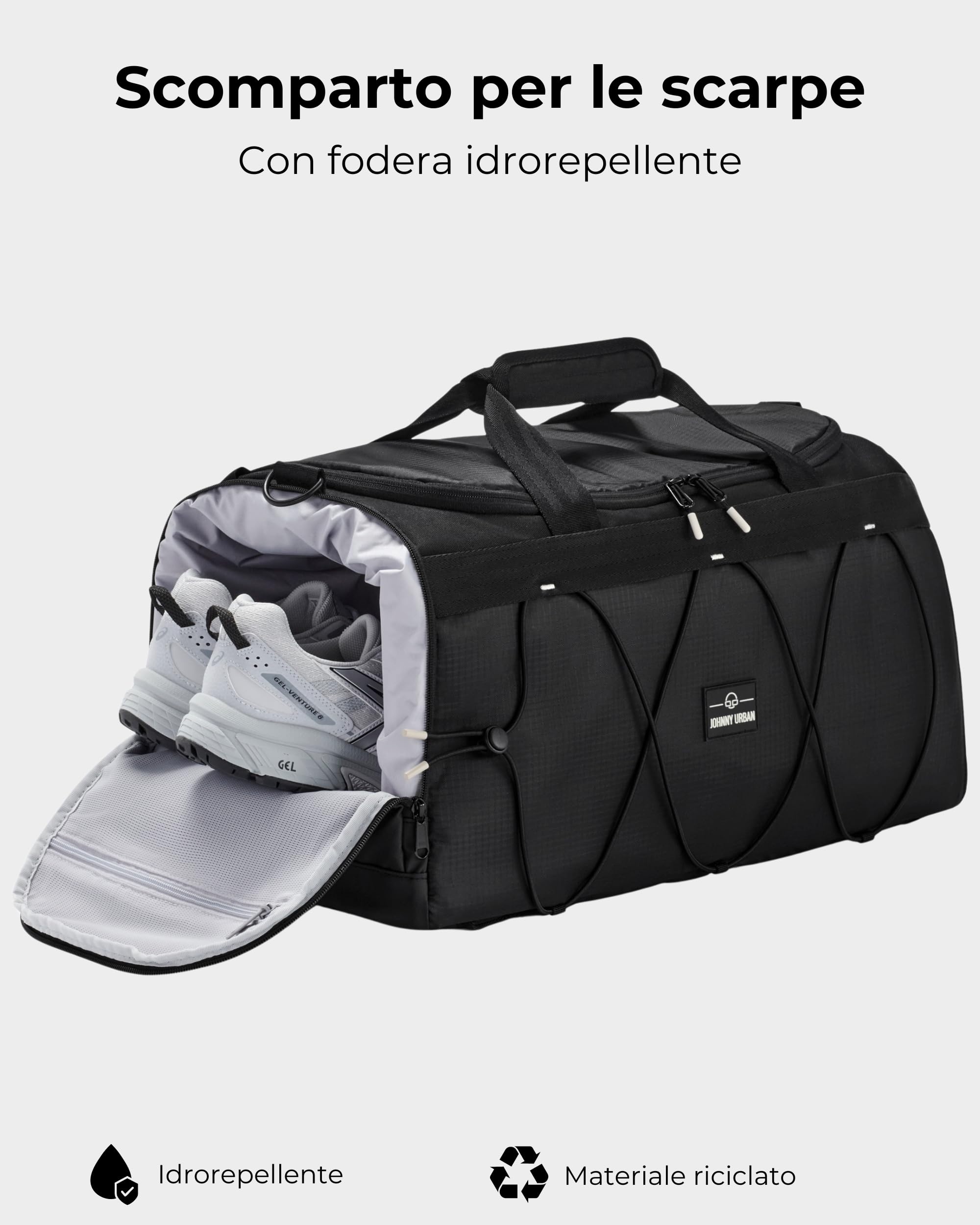 Johnny Urban Borsone Palestra Uomo Donna Nero - Shawn - Borsa Sportiva e Zaino 2 in 1 - Borsa da Viaggio Con Scomparto Per Le Scarpe - Idrorepellente