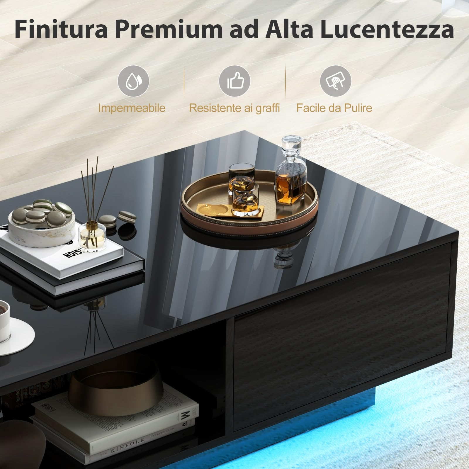 COSTWAY Tavolino da Salotto in Legno, Tavolino Moderno e Rettangolare con 20 Colori di Luci a LED, Telecomando, Cassetto e Ripiano Aperto, Tavolino per Studio e Ufficio (Nero)