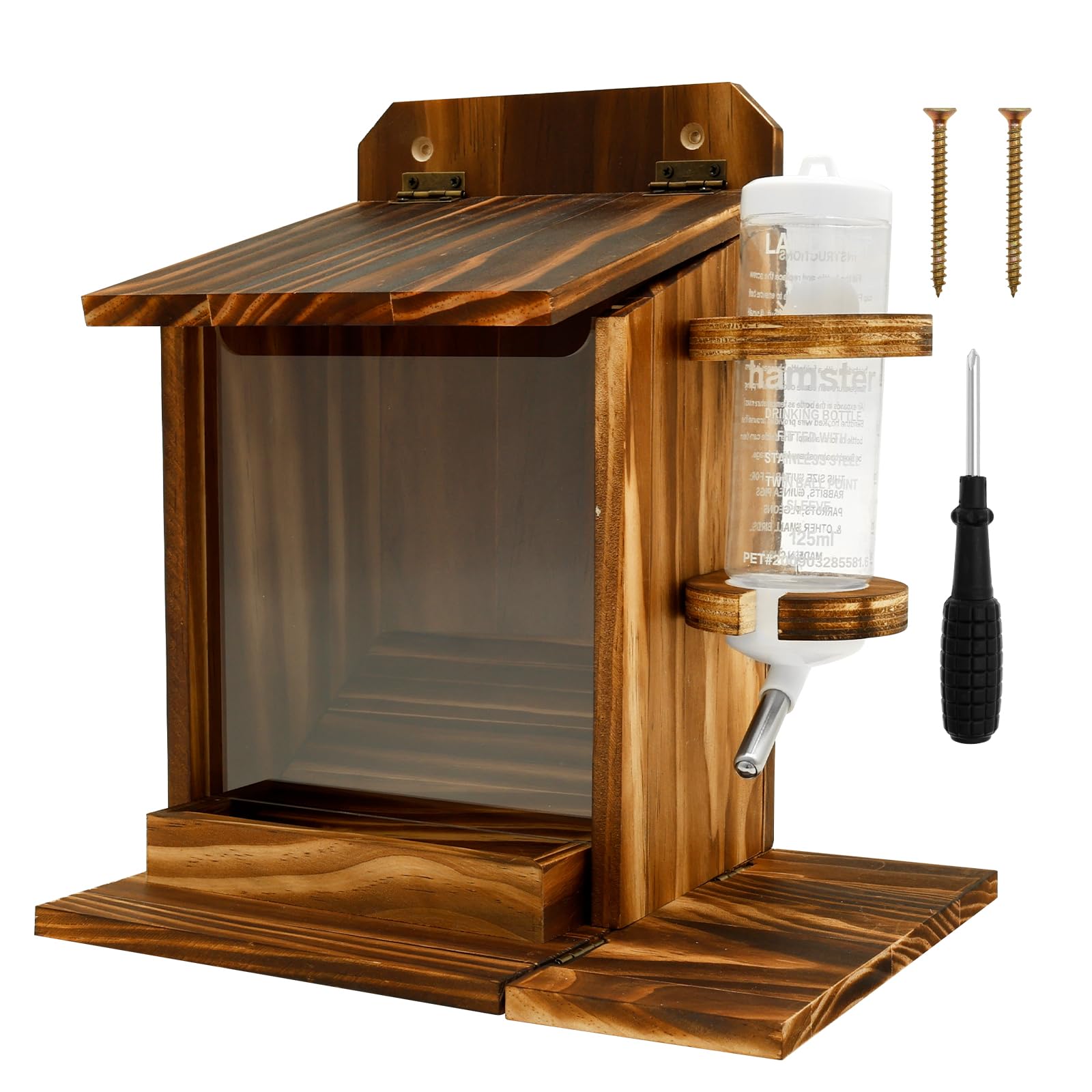 Squirrel Feeder Just for Squirrels with Water Bottle Roof Wooden Squirrel Feeding House Wall Mount Corn Cob Feeder for Peanut Chipmunk Feeding Station for Outside Garden Backyard Patio 22x17.7x25 cm