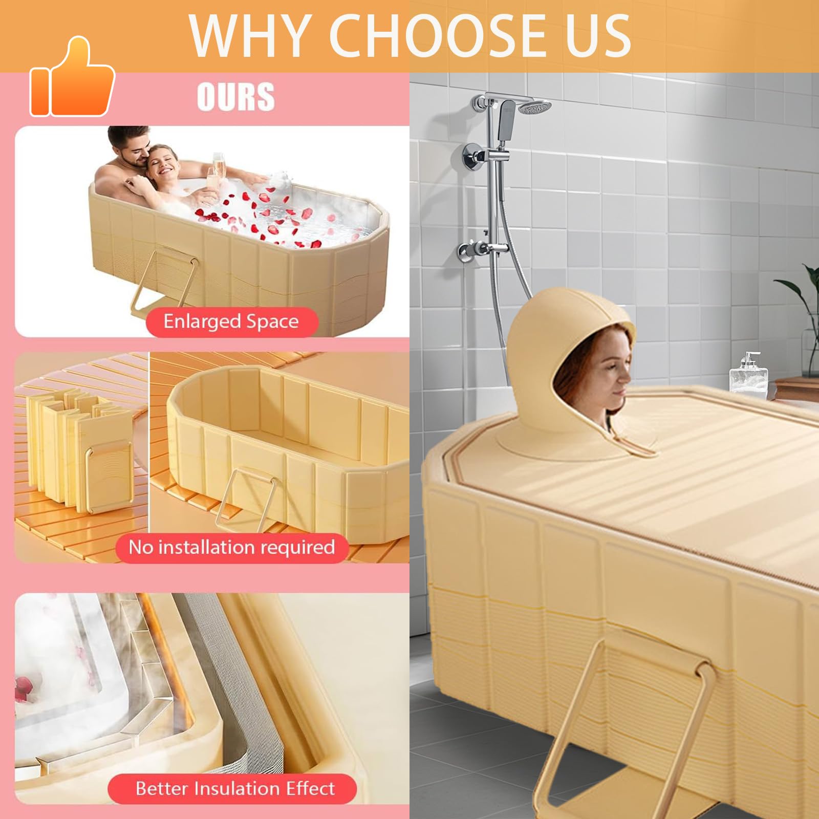 Bañera Plegable Para Adultos, 2 En 1 Baño De Hielo Y Agua Caliente, 150x55x50 cm De Grosor Bañera Portátil Independiente Para Ducha Con Tapa Minipiscina Para Spa En Casa Baño De Hielo