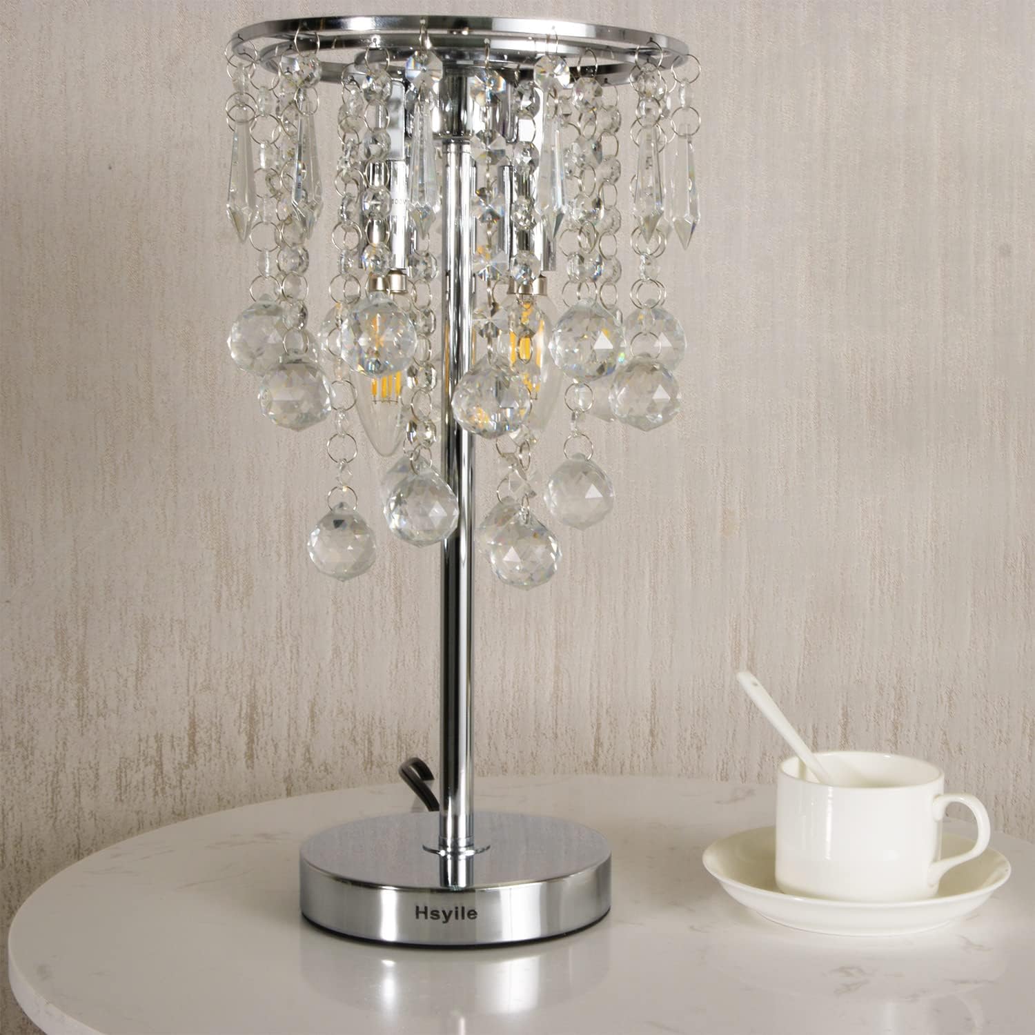 Hsyile KU300144 Elegant Modern Chrome Crystal Chandelier for Bedroom Nightstand Table Lamp