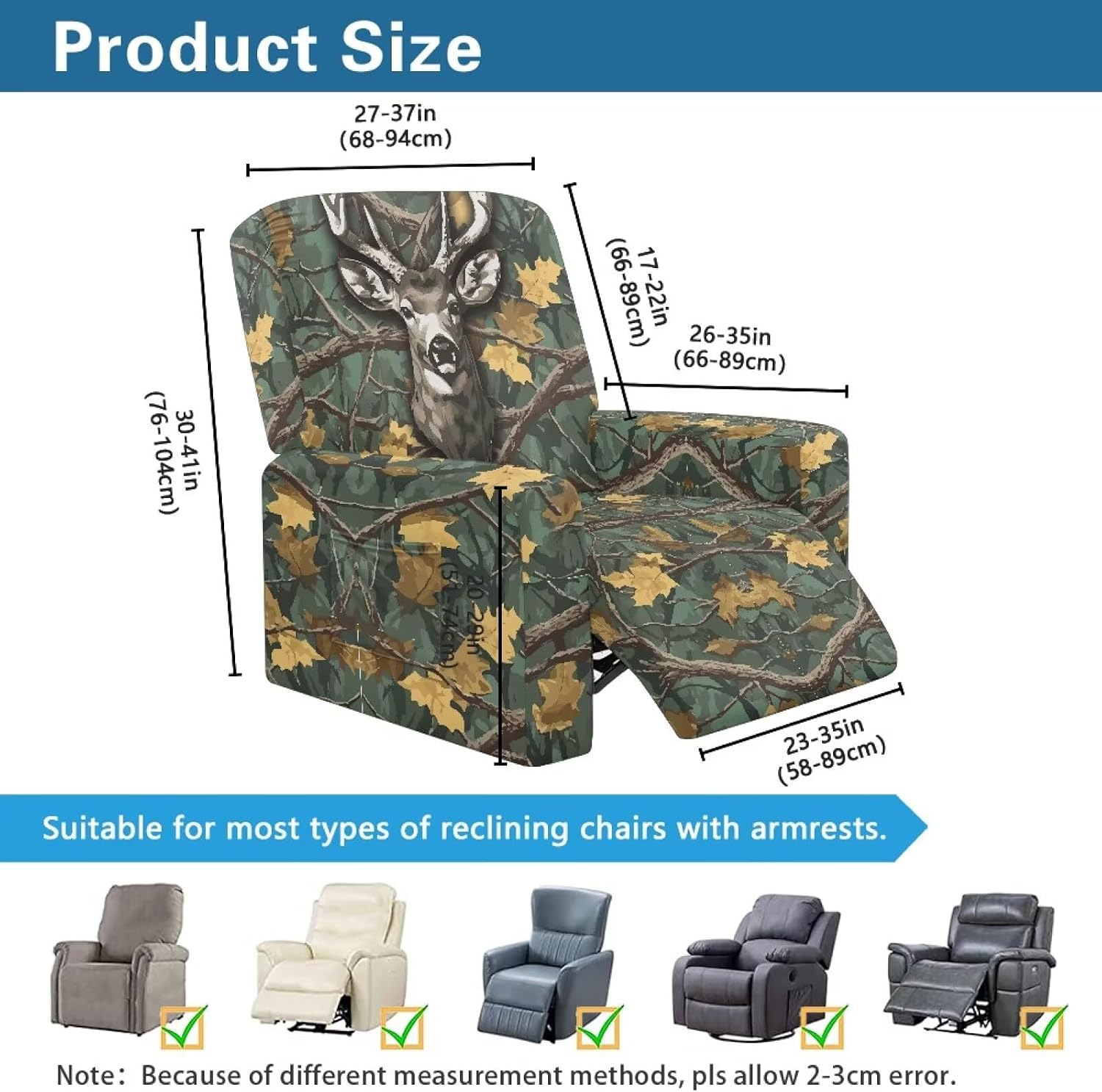 Como Hunting Deer Reclining Sofa Slipcover Fall Easy Replacement Recliner Chair Cover Large Breathable Recliner Couch Cover Breathable Reclining Slipcover with Side Pocket for Living Room