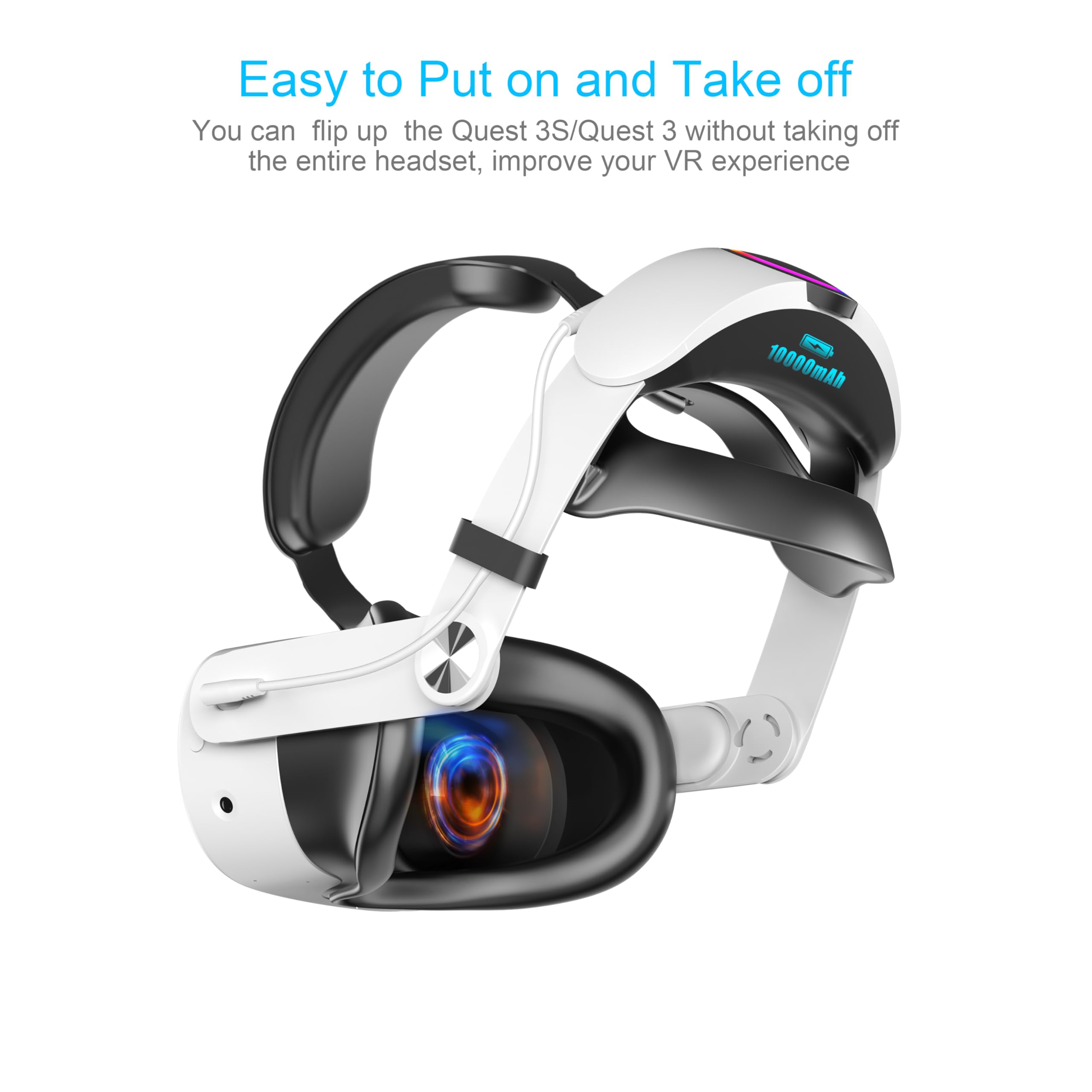 Battery Head Strap Compatible with Meta Quest 3/Quest 3S,10000mAh Battery Pack, Extend Playtime and Enhanced Comfort,Reduce Facial Stress,Adjustable RGB Lighting