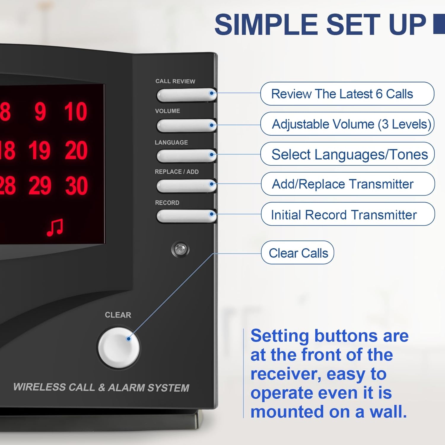 Wireless Calling System Nurse Call System Caregiver Pager for Restaurant Clinic Nursing Home 7 Languages 8 Alert Tones, 10 Call Buttons and 1 Monitoring Unit for Patients Seniors Customer - Image 4