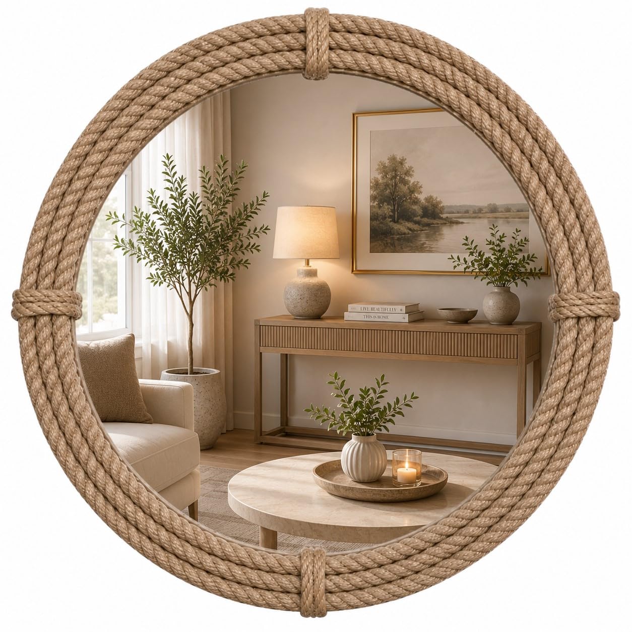 Espejo de Pared Redondo de Yute, Espejo Decorativo de Cuerda rústica con temática náutica montado en la Pared con Lazo para Colgar, Vintage Hecho a Mano Diseño (24 Inch)