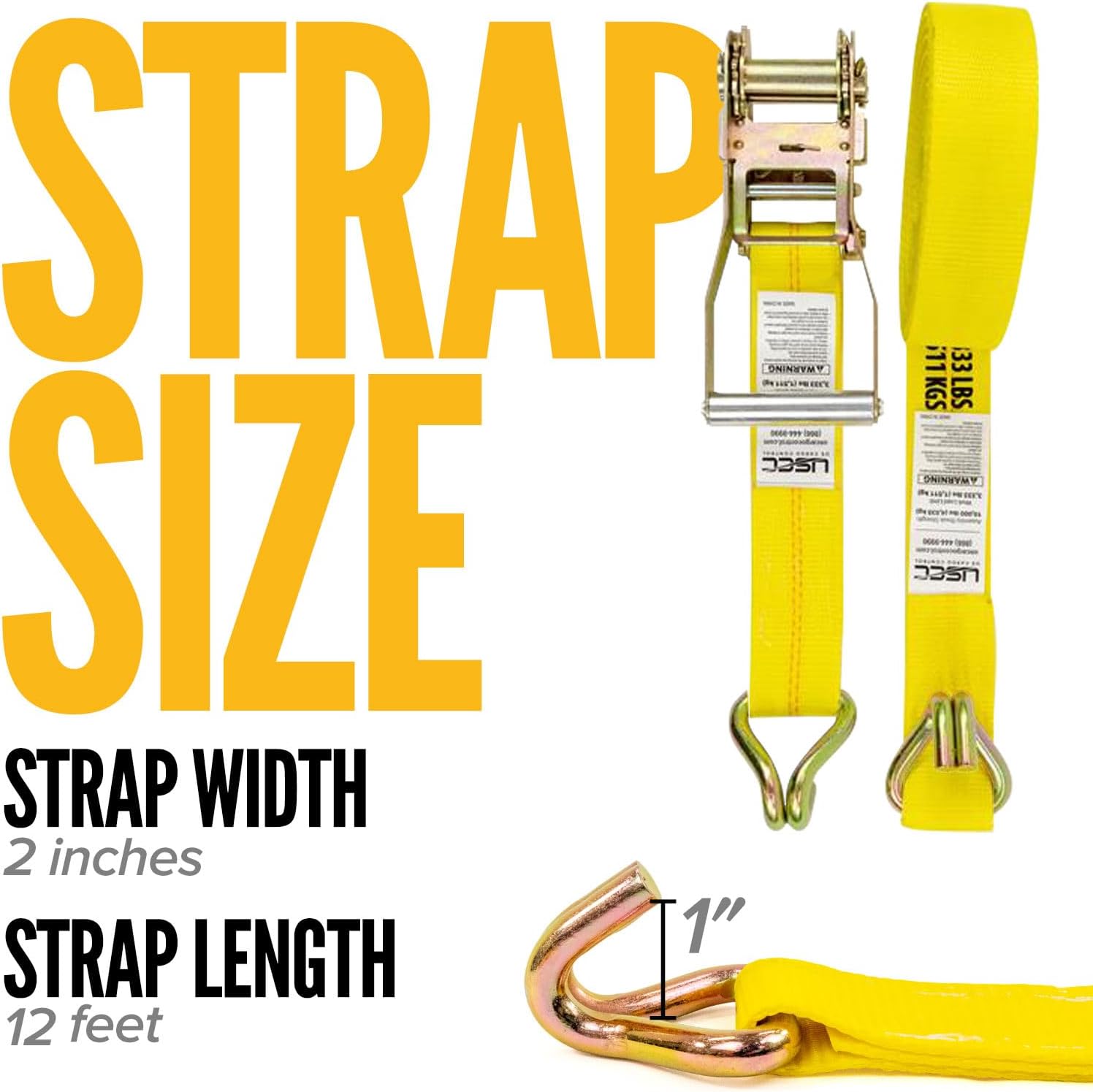 US Cargo Control Wire Hook Ratchet Straps 2 Inch x 12 Foot (4-Pack), 10,000 LBS Break Strength, Yellow 2 Inch Ratchet Straps Heavy Duty with J Hooks, Heavy Duty Tie Downs for Trailers and Trucks - Image 2
