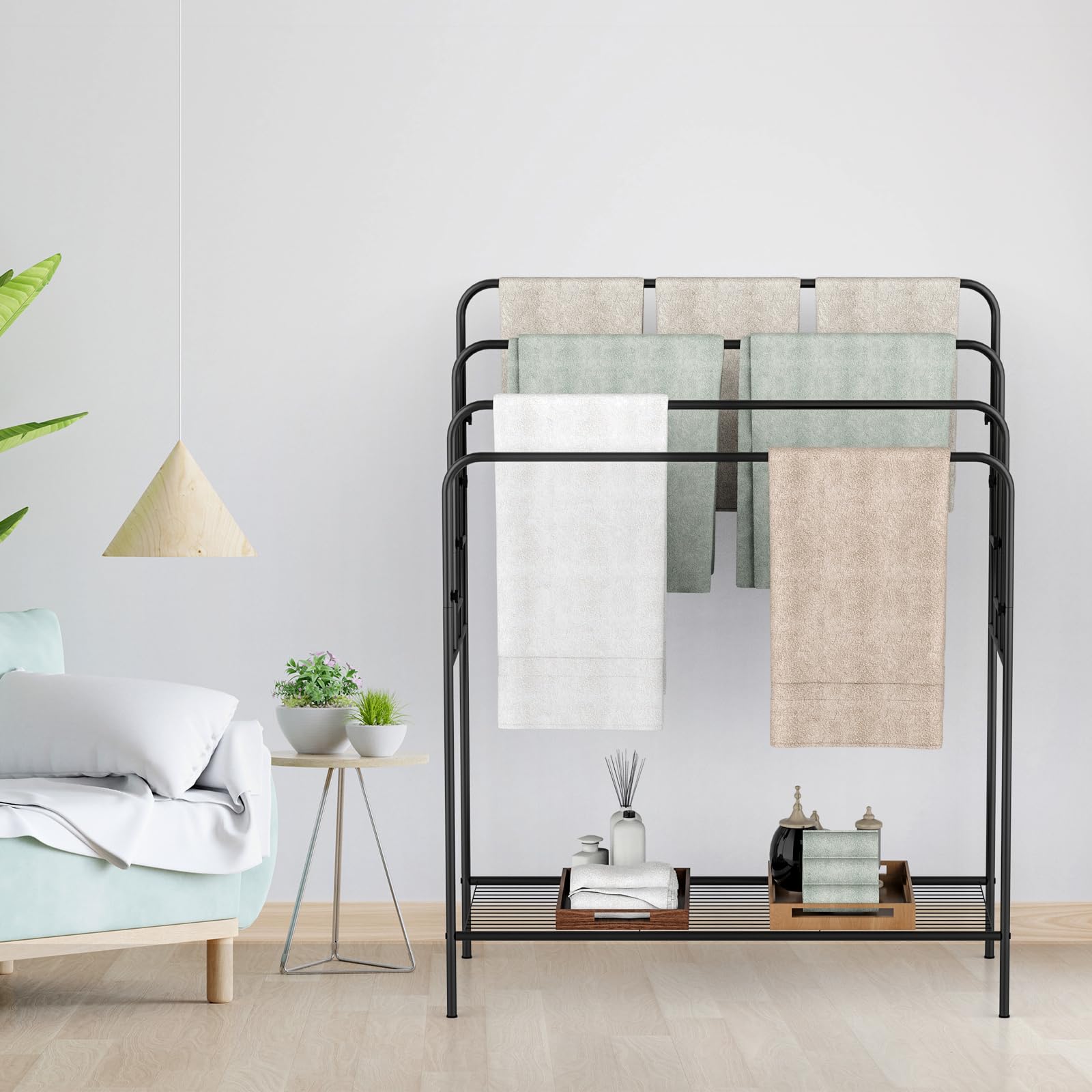 Porte-serviettes autoportant pour salle de bain, support de courtepointe pour salon, piscine extérieure, séchage de serviettes pour salle de bain, support d'échelle à 4 niveaux pour serviette de bain
