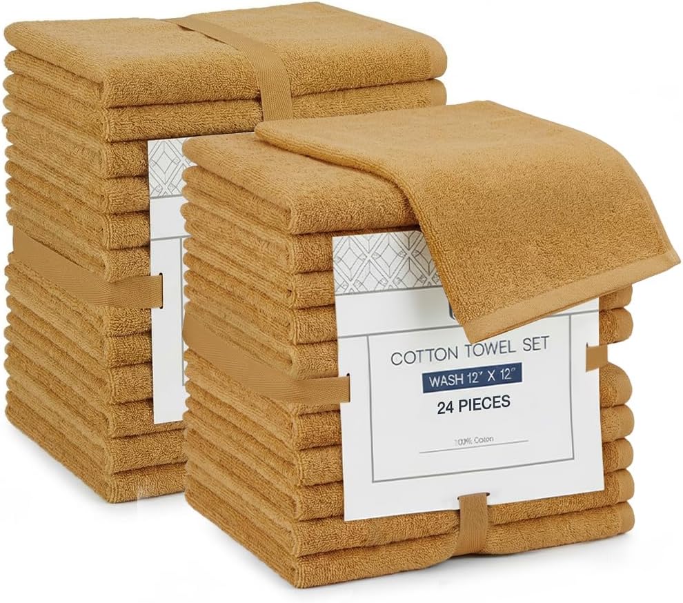Linteum Textile Supply Premium 12x12 Washcloth (Mustard) – 100% Cotton Zero Twist Towels | Absorbent, Quick Dry, Durable for Bathroom, Spa, Gym (24 Pack)