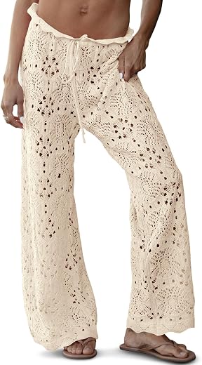 Saodimallsu - Crochet Swimsuit for Women High Waisted Drawstring Sheer Mesh Knit Wide Leg Beach Pants