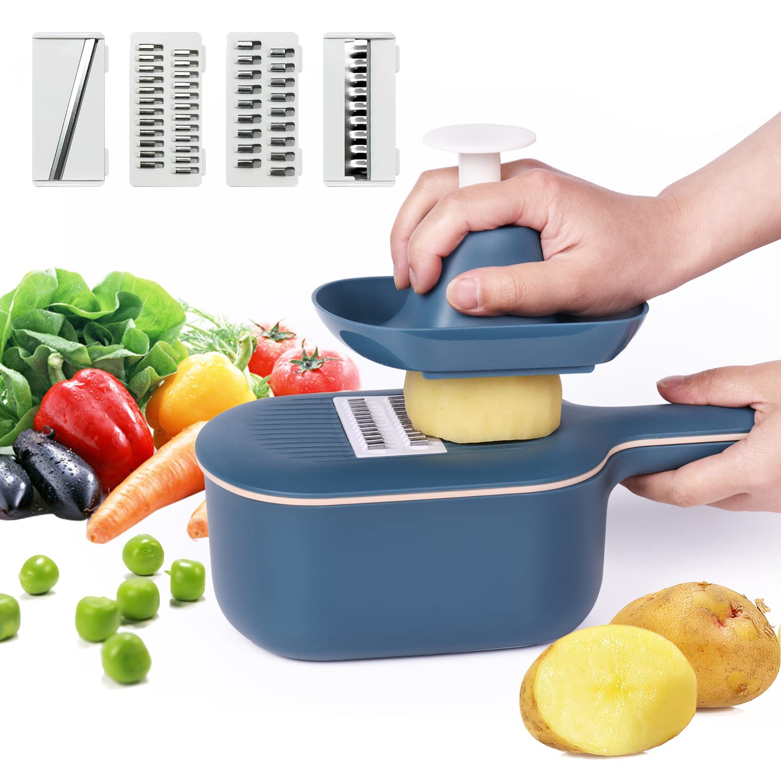 KASTWAVE Vegetable Slicer, Multifunction Slicer Veggie Dicers Food Choppers Cutter with 4 Replaceable Blades and Container Steeless Vegetable Slicer for Carrot Potato Vegetables