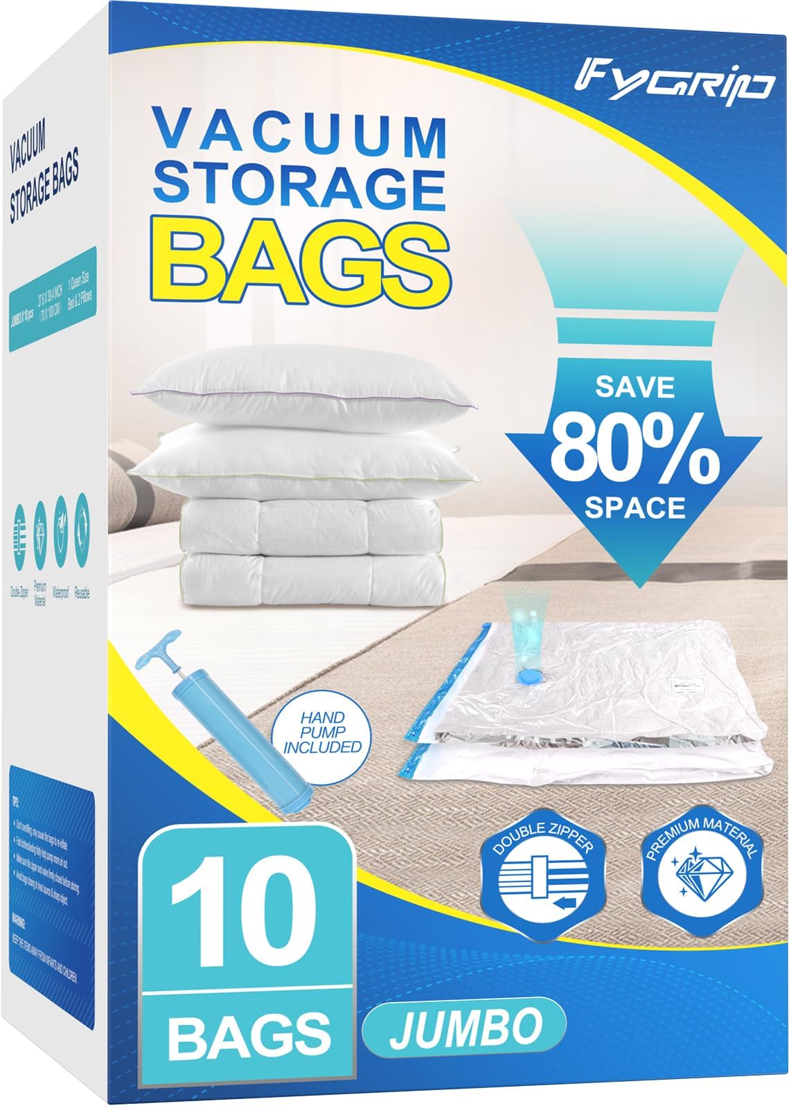 Fygrip 10 Jumbo Vacuum Storage Bags with Hand Pump, Plastic Packaging Bags, 80% Space Saver Vacuum Seal Bags for Clothing, Travel Lugggage, Blankets, Comforters