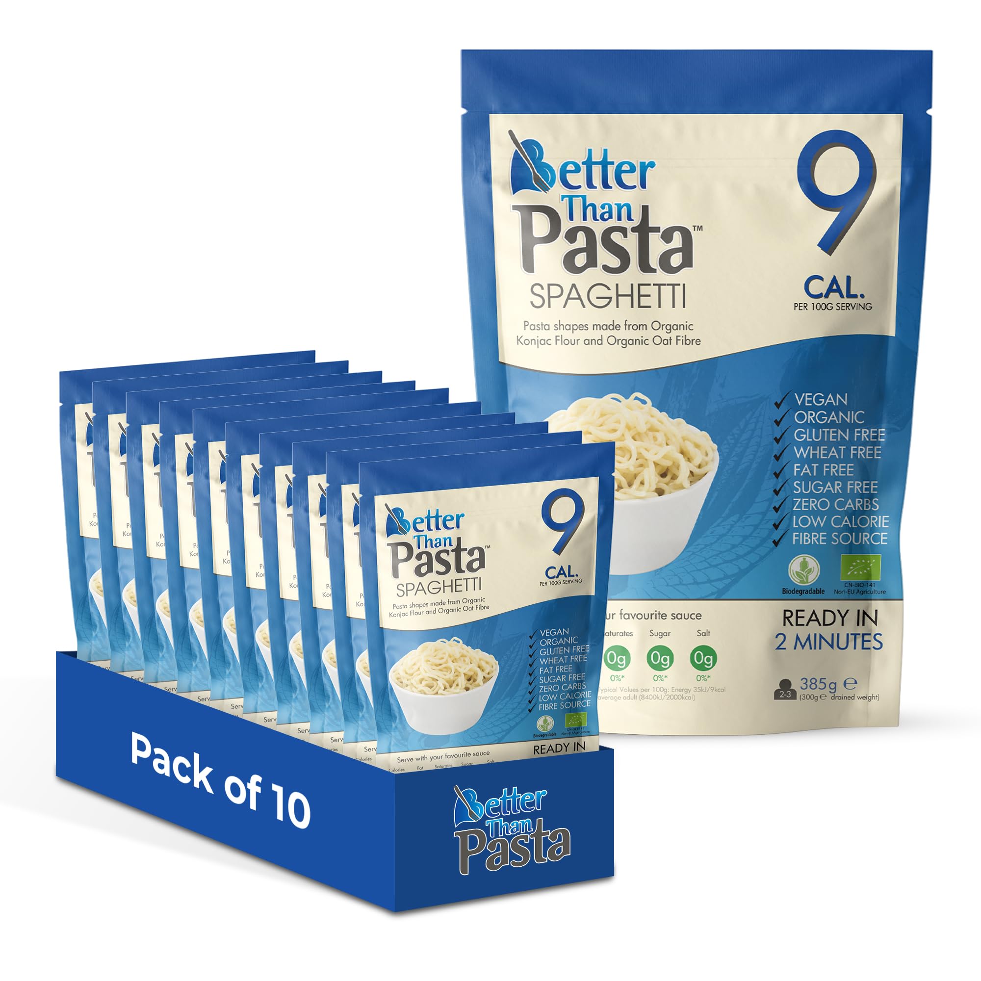 Better Than Pasta Spaghetti (Pack of 10, 385g Each) Zero Carbohydrate | Made from Organic Konjac Flour | Keto Paleo Diet and Vegan | Zero Sugar and Low Calorie