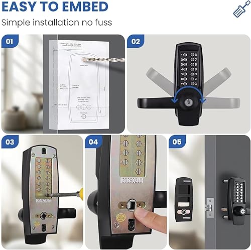 Miniatura 5 de Cerradura de Puerta de Entrada Sin Llave con Manija - Sin Baterías Cerradura de Puerta Comercial con Teclado - Fácil de Instalar y Usar - Resistente
