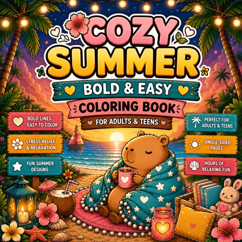 Cozy Capybara Summer: Bold & Easy Coloring Book for Adults and Teens Featuring Cute Tropical Adventures, Cozy Café Moments, Beach Relaxation and Stress Relief
