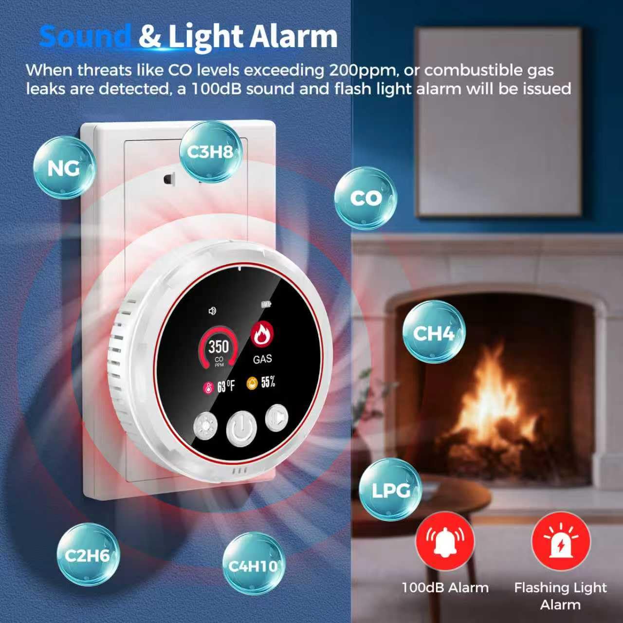4 in 1 Carbon Monoxide Detectors Plug in, CO Detector & Natural Gas Detector with Battery Backup, HD Digital Display Monitors CO, Combustible Gas, Temp, Humidity - Home Safety for House, RV
