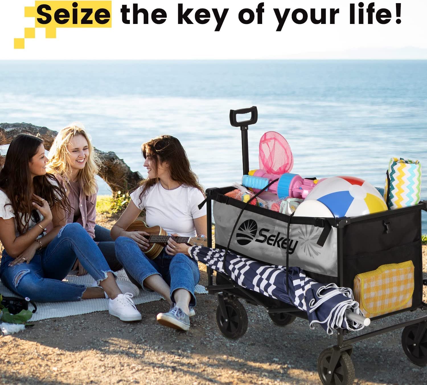 Sekey Wózek XXL składany z hamulcami, 160 l, obciążenie 150 kg, nadaje się do użytku w terenie, składany wózek ręczny, na plażę, kemping, zakupy, zwycięzca XXL 3011, czarny z szarym