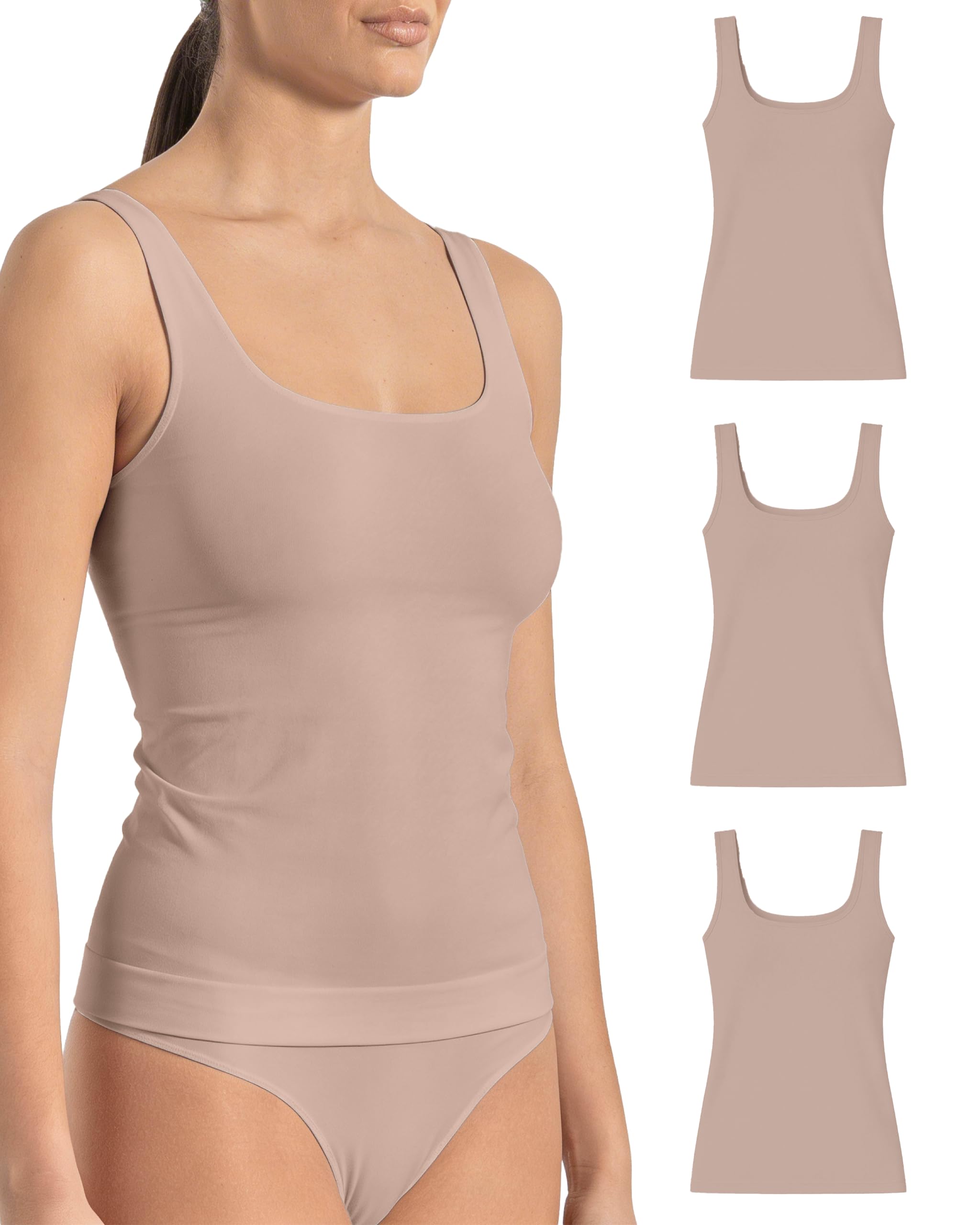 Risalti Women's Natural Natural Natural Tank Tops Microfibre Wide Shoulder 3 Pack - Tops Seamless, Vest Top, Camisole Tops For Elegant, Vests Softer Than Cotton Vests For - Made In Italy
