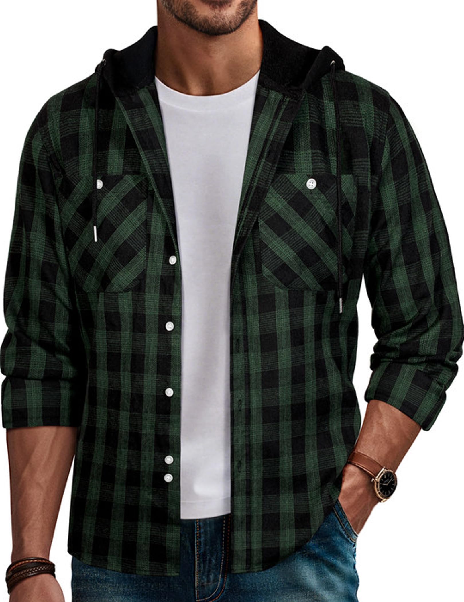 PJ PAUL JONES Mens Hooded Flannel Shirt Long Sleeve Plaid Shirts Hoodie Jackets