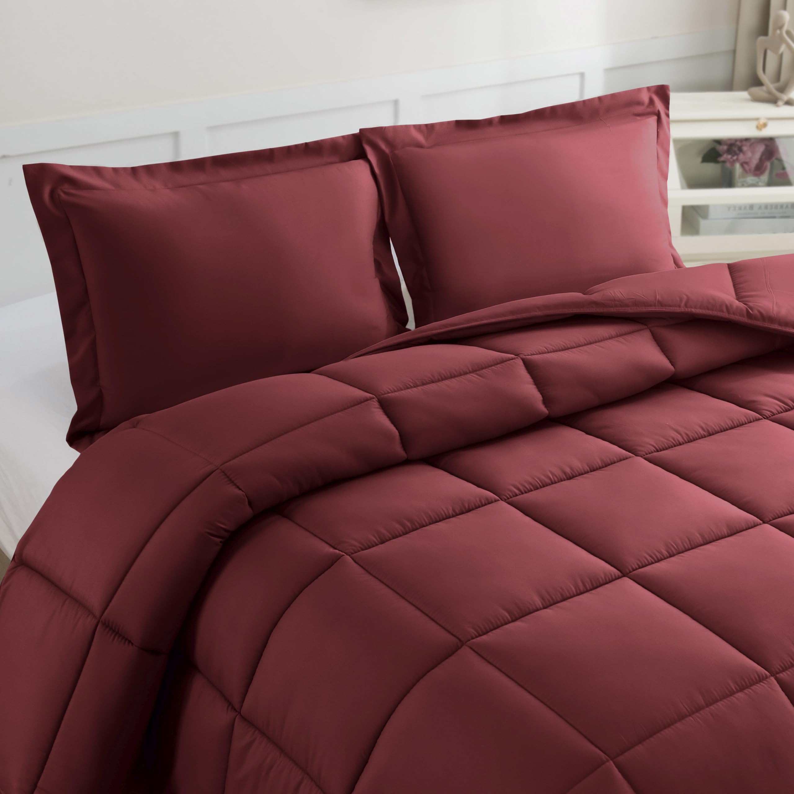 Elegant Comfort 3-Piece Box Stitched Down Alternative Comforter with Shams - Ultra Soft for All Season Duvet Insert with Corner Tabs, Plush Cozy 3PC Comforter Set, Queen, Burgundy