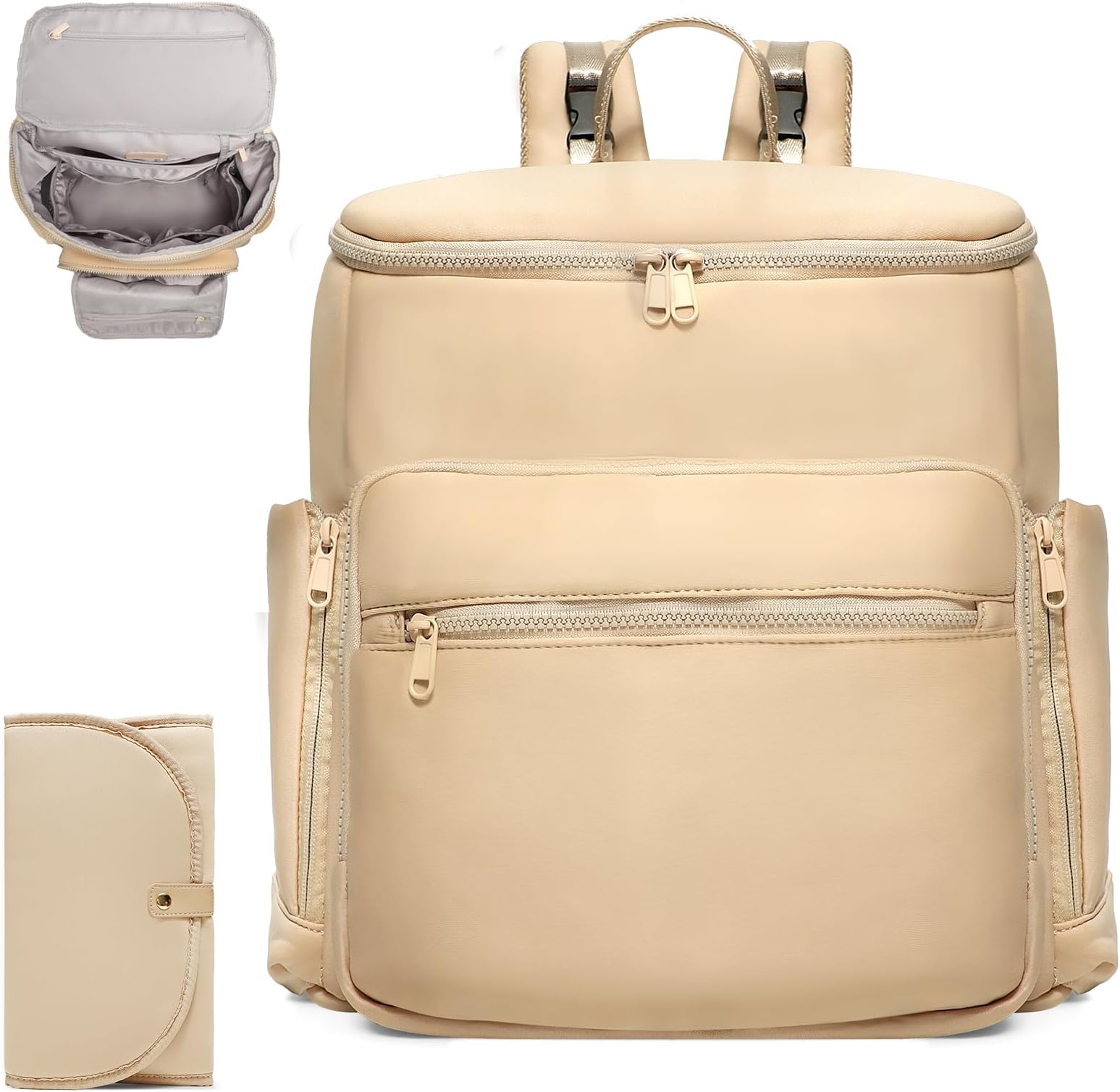 Diaper Bag Backpack, Neoprene Bag Backpack, Large Diaper Backpack with 16 Diaper Bag Organizers, 4 Insulated Pockets, Lighweight Travel Baby Bag with Changing Pad for Mom & Dad, Apricot