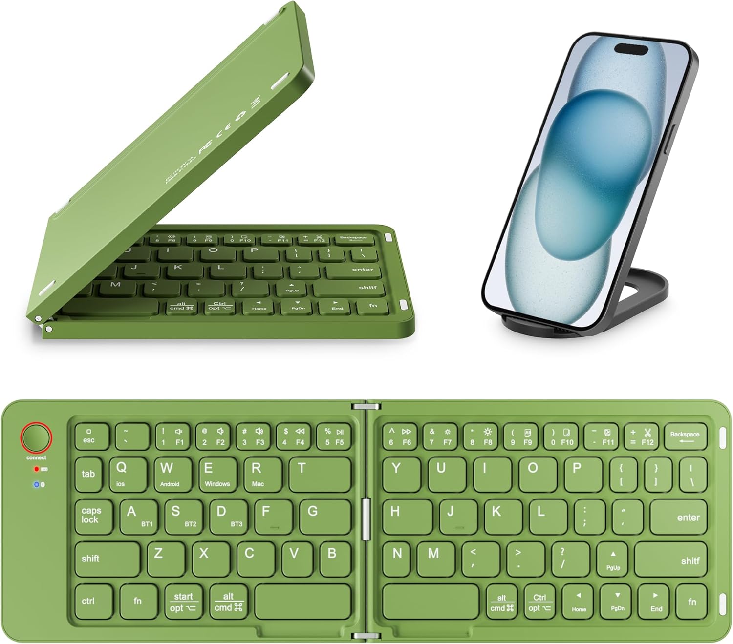 Mini Foldable Bluetooth Keyboard - Portable Wireless Full Size Keyboard (Sync Up to 3 Devices), Ultra-Slim Aluminum Travel Folding Keyboards for iPhone iPad Mac Android Windows iOS (Green)