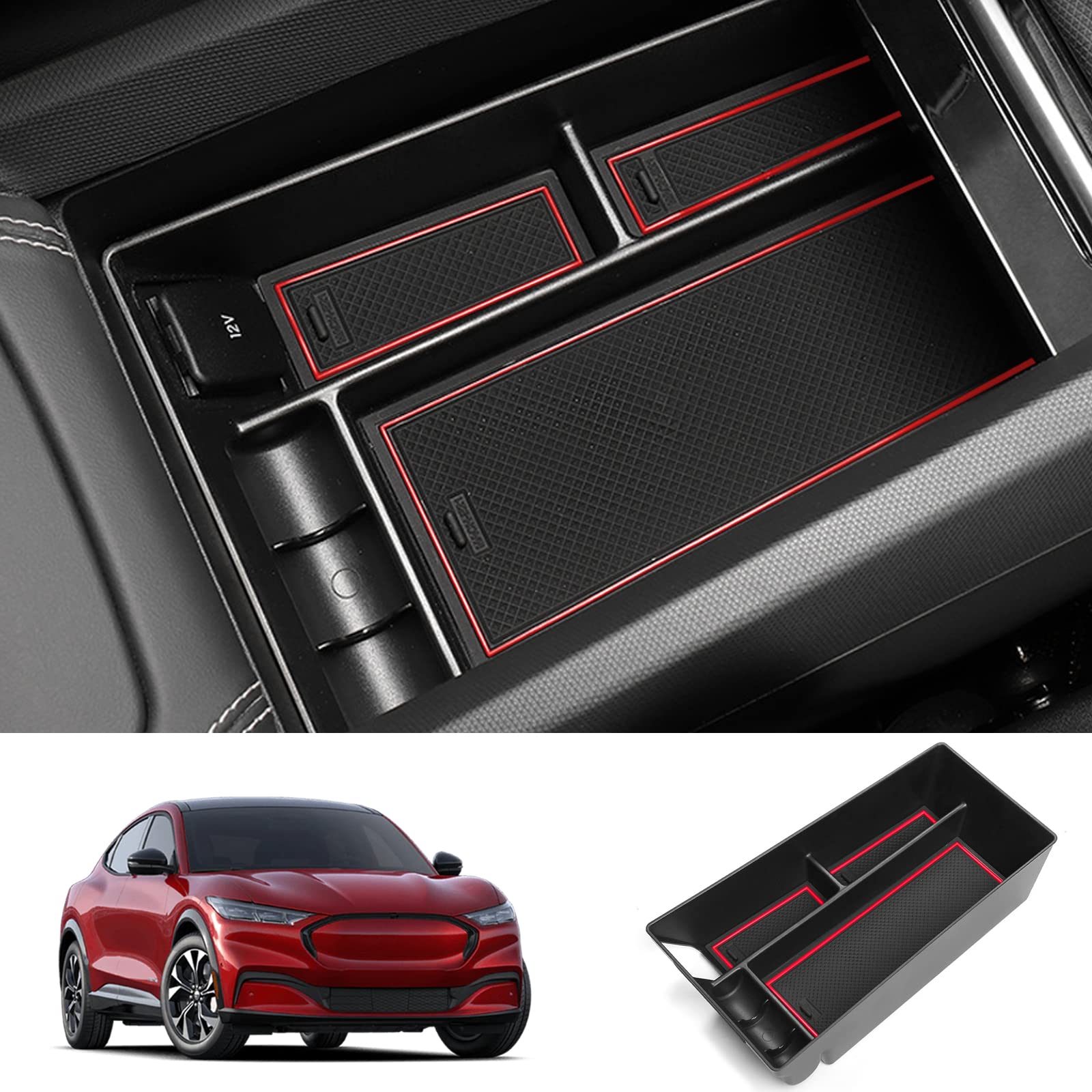Optrcn Center Console Cover For Ford Mach E 2021 2022 2023 2024 2025, Leather Arm Rest Armrest Cover For Car, Center Console Armrest Cover Armrest Storage Box, Interior Accessories,E Red - View #2