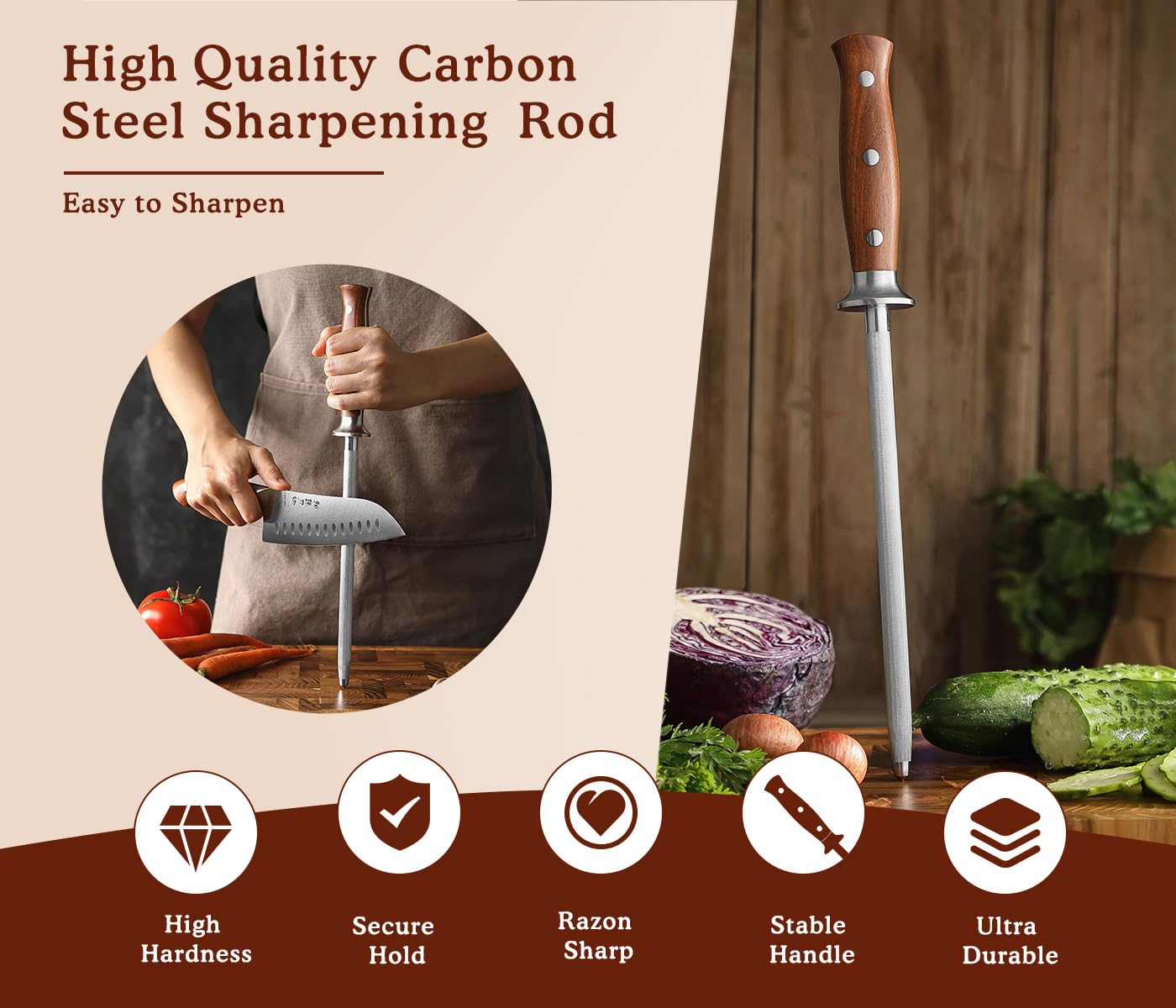 HEZHEN Chairas Afiladores de Cuchillos de Acero de Alto Carbono, Barra de Afilar Acero Inoxidable para Afilar Cuchillos de Cocina, Mango de Madera