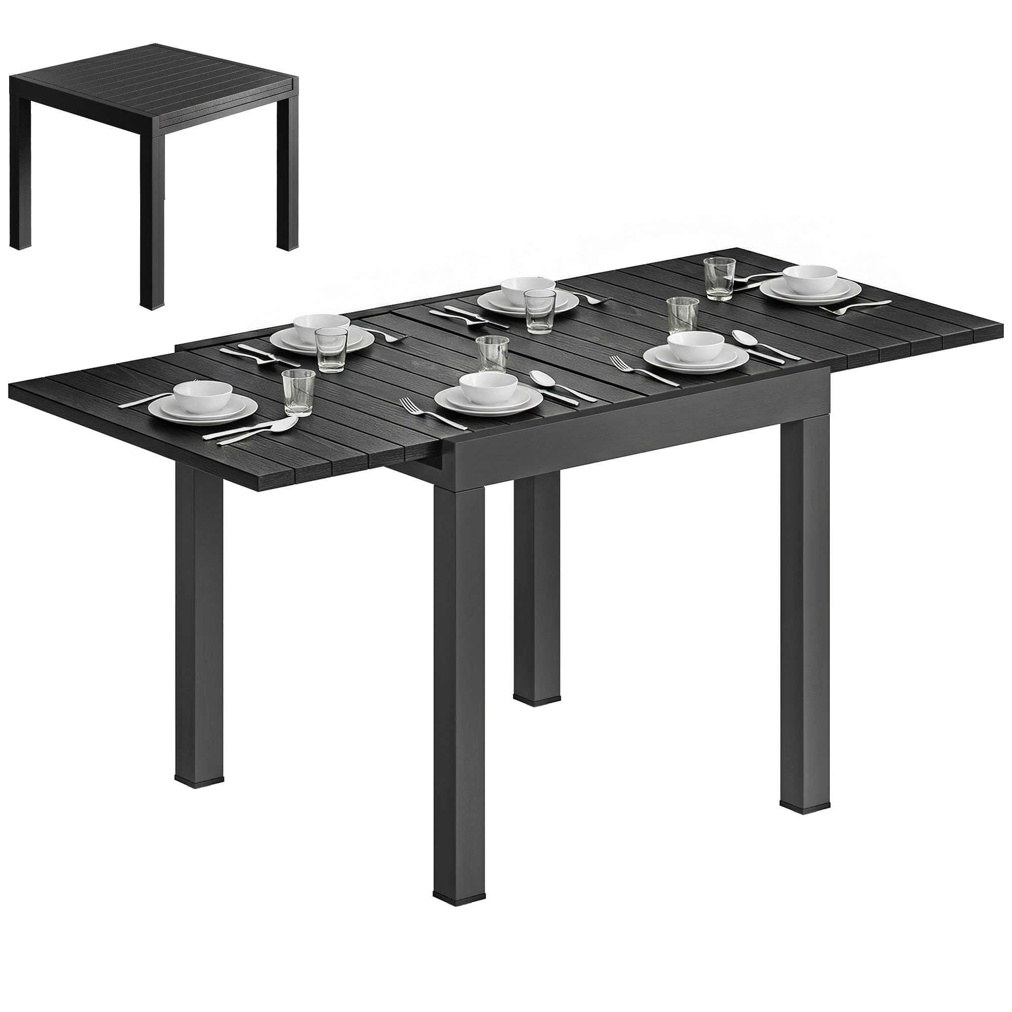 Outsunny Tavolo da Giardino Allungabile per 4-6 Persone 80/160x80 cm, Tavolo da Pranzo Esterno Estensibile Rettangolare in Alluminio con Piano Effetto Legno a Doghe, per Patio Terrazzo Balcone, Nero