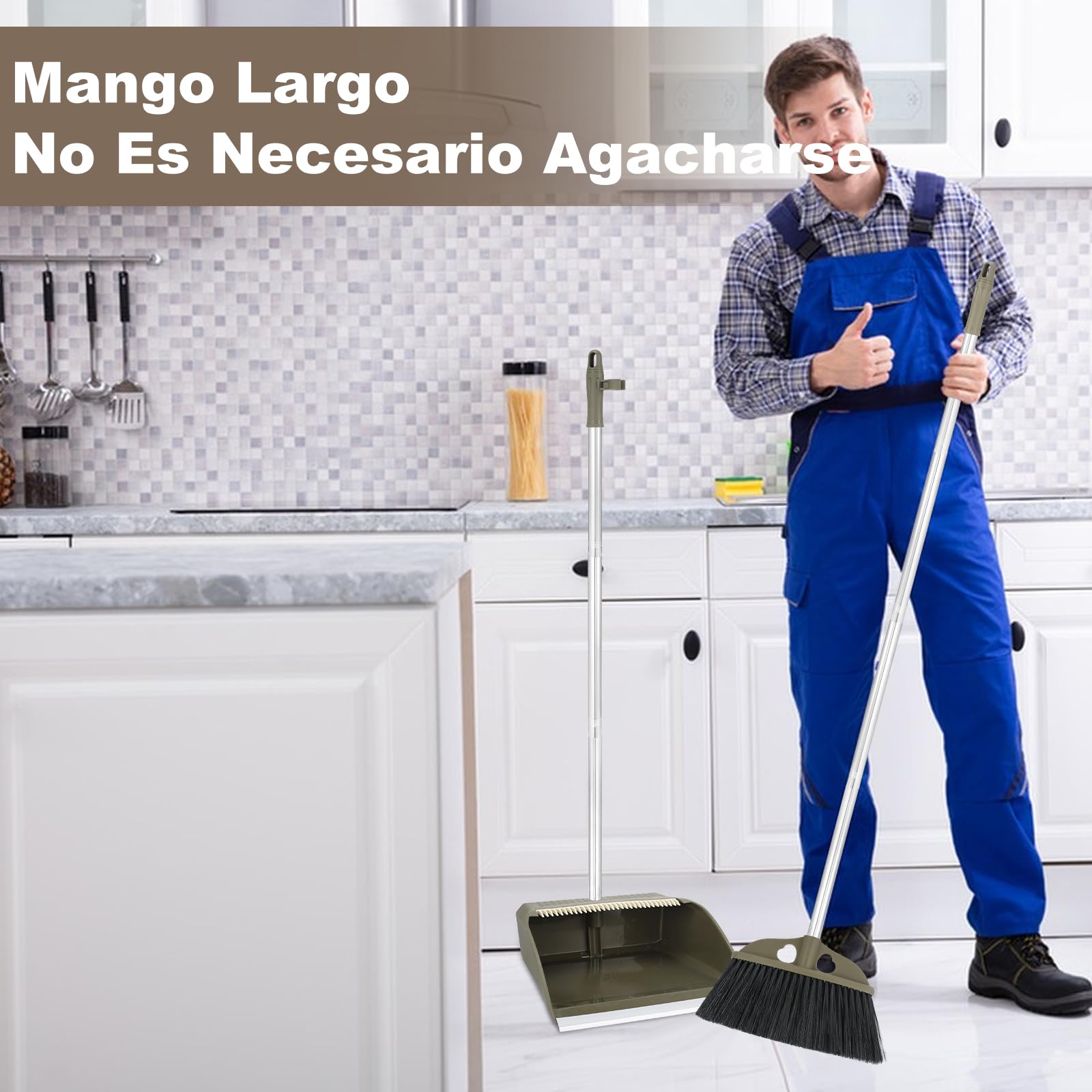 Escoba y Recogedor Cerdas Rígidas Mango Largo 48" para Exteriores e Interiores