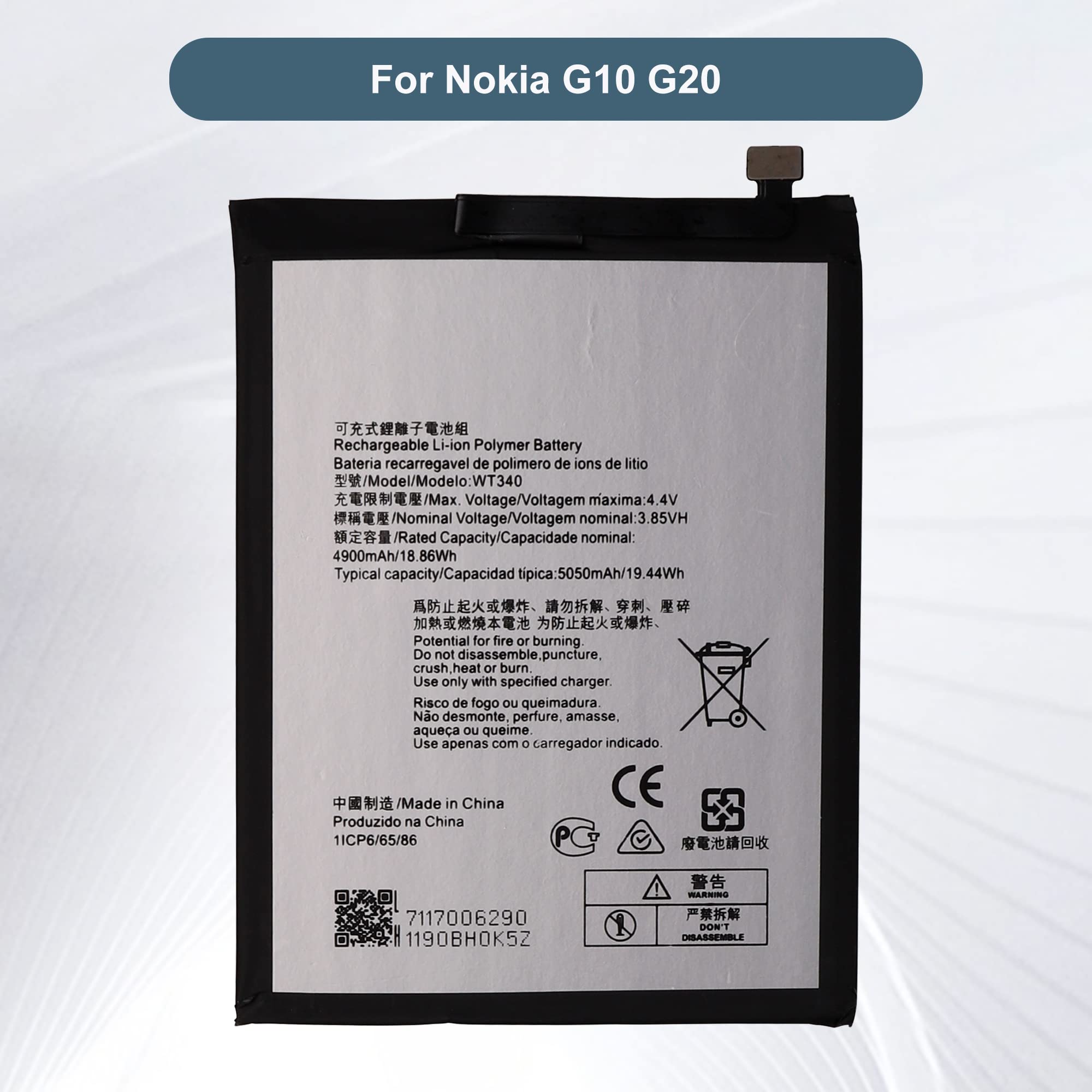 Batteria Di Ricambio WT340 Per Nokia G10 E G20 (TA-1338, TA-1347, TA-1372, TA-1365, TA-1334) Con Kit Attrezzi - 5050 MAh
