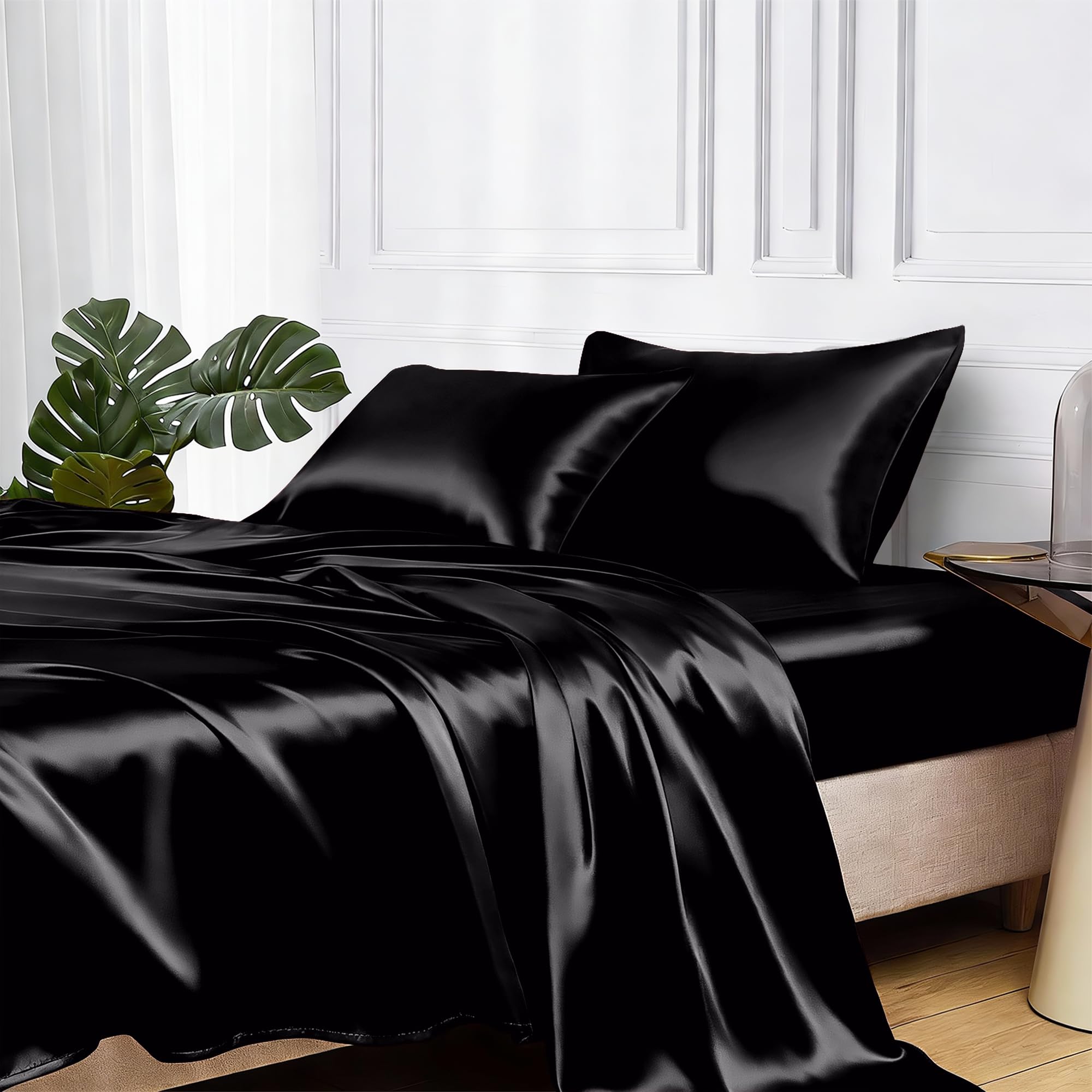 MR&HM Satin Sheets with Elastic Corner Straps, Twin Size 3-Piece Silky Bedding Set, Deep Pocket 15 Inches, Good for Hair & Skin (Twin, Black)