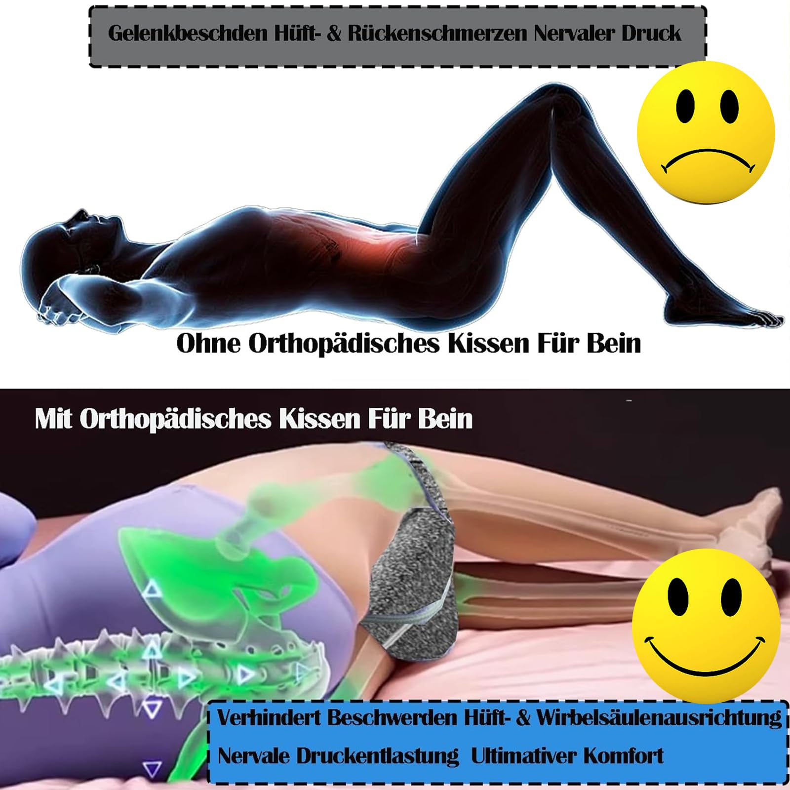 Kniekissen für Seitenschläfer aus Memory Schaum, Grau | Leg Pillow, Für Hüft Rücken Knie-Schmerzen, Schwangerschaft geeignet