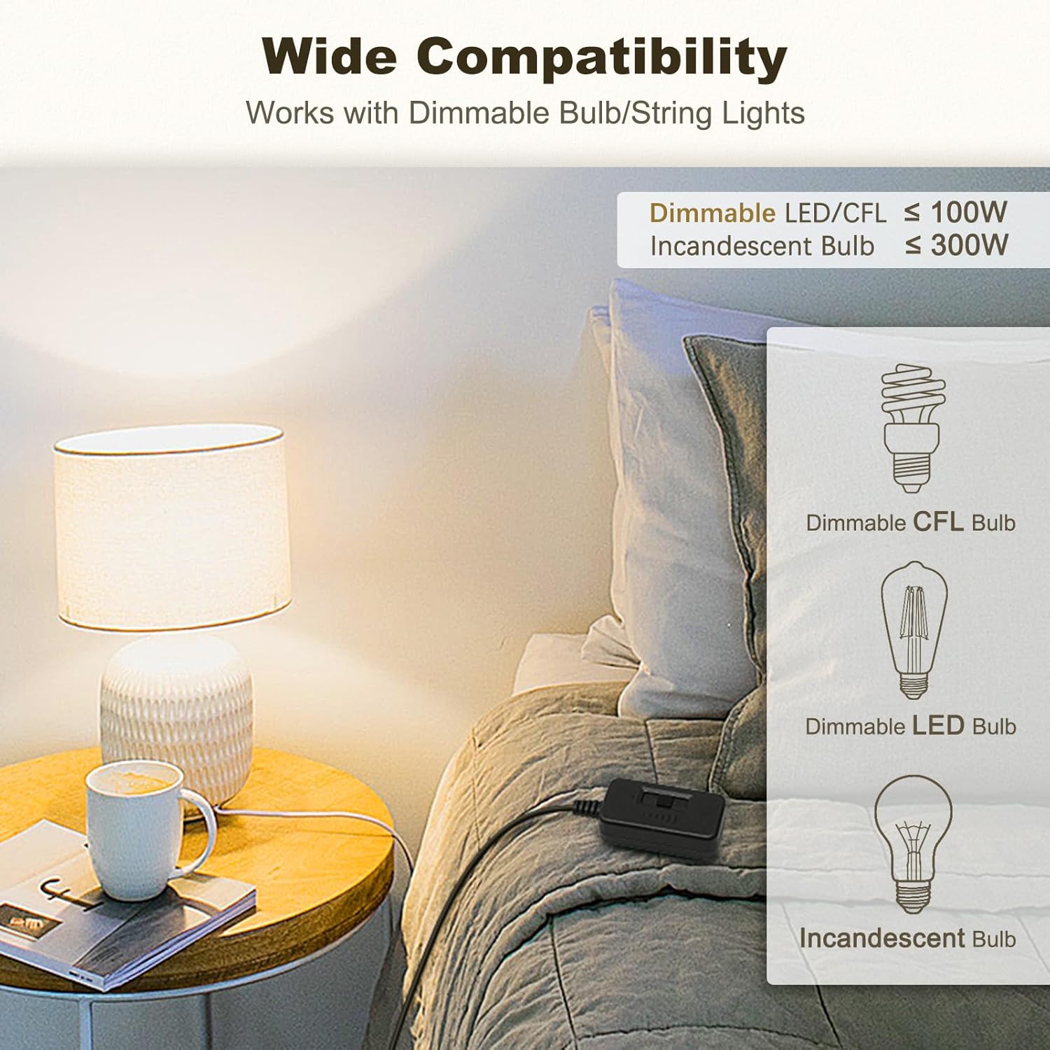 DiCUNO Table-Top Plug in Lamp Dimmer Switch for Table/Floor Lamps, UL Listed, Slide Control, Works with 100 Watt Dimmable LED/CFL and 300 Watt Incandescent/Halogen,3.3ft Cord, Black, 1-Pack