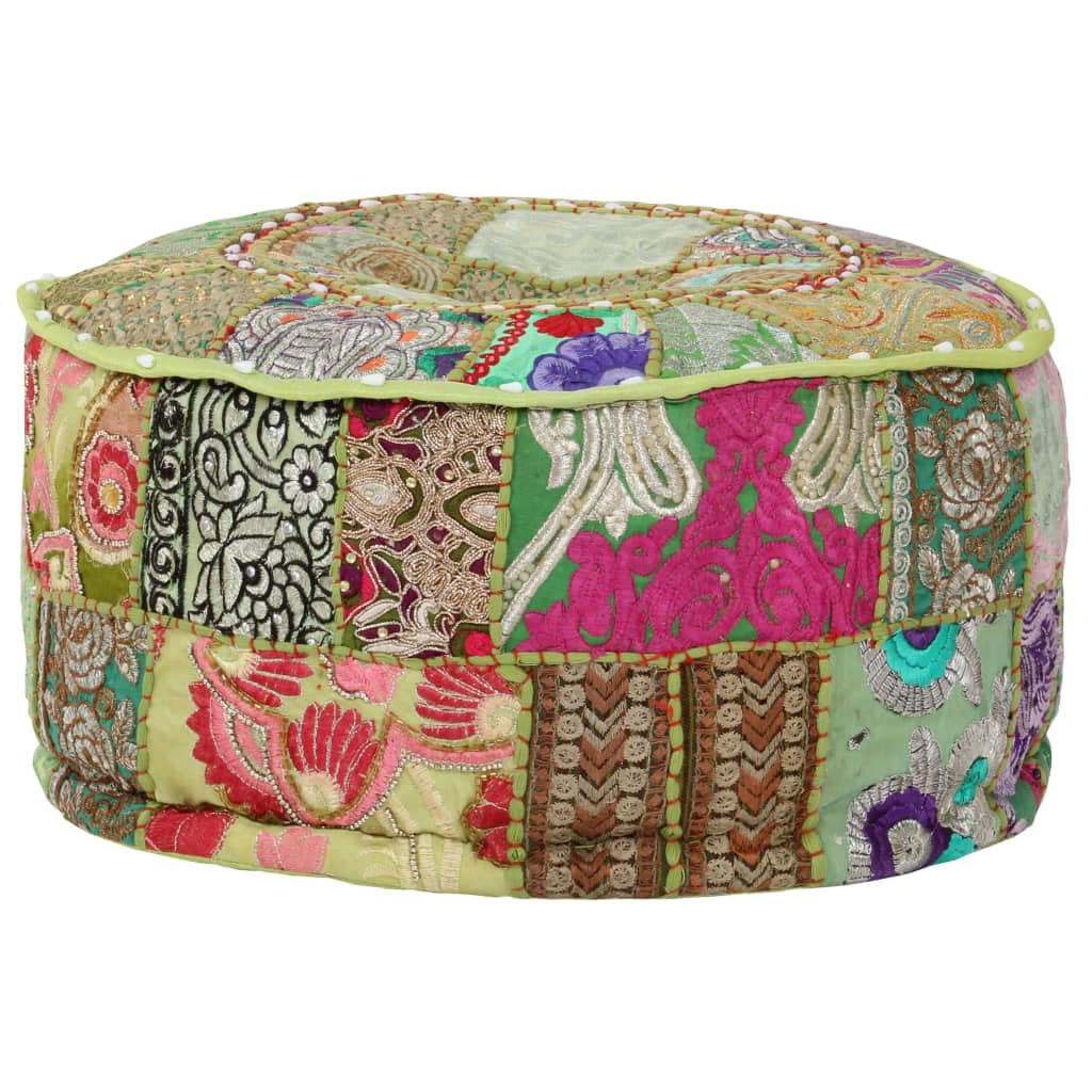 Patchwork pufa do siedzenia, okrągła, bawełniana, ręcznie wykonana, 40 x 20 cm, zielona, styl vintage, wygodna poduszka na podłogę, dekoracyjna podnóżek, z haftem, wszechstronne siedzisko do