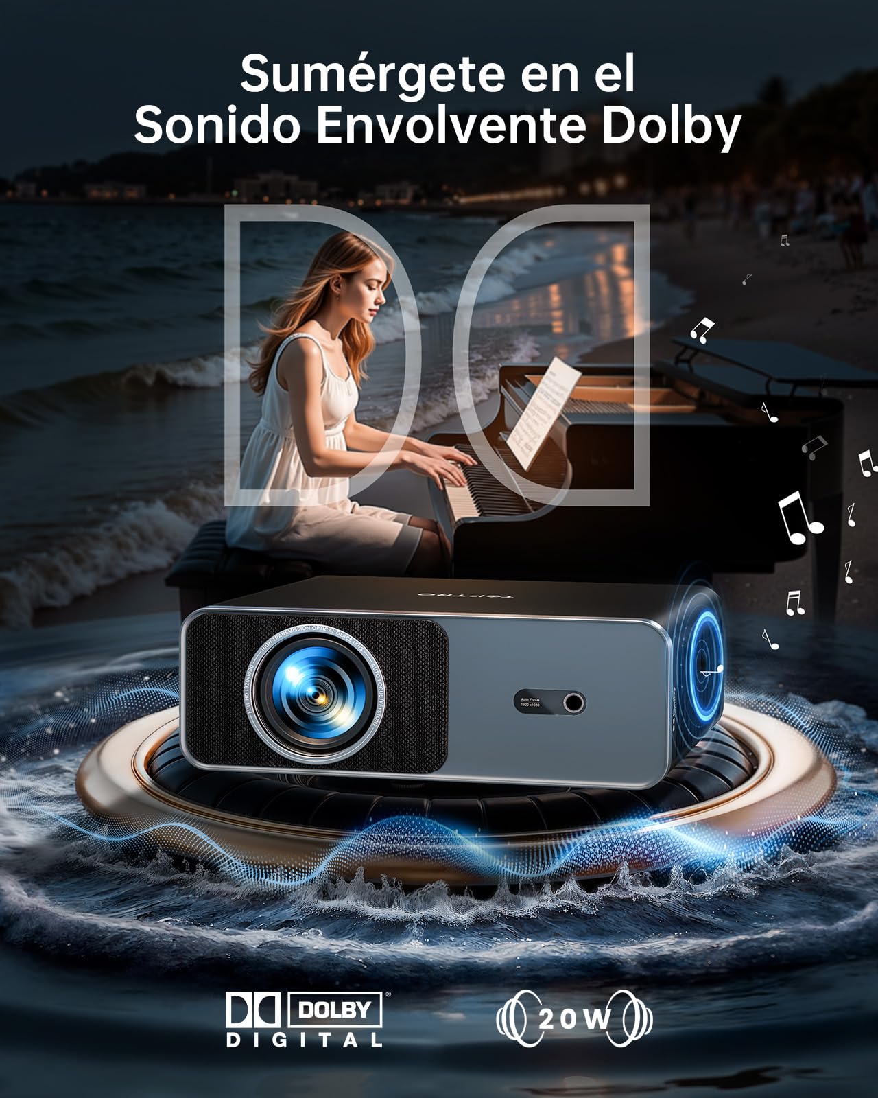 Proyector 4K【App Oficial Integrada/Dolby】 1000ANSI Smart Proyector Compatible con Netflix AI Auto Auto/Keystone, Proyector1080P Nativo WiFi 6 Bidireccional BT5.2 Zoom 50% para Cine en Casa/Exterior