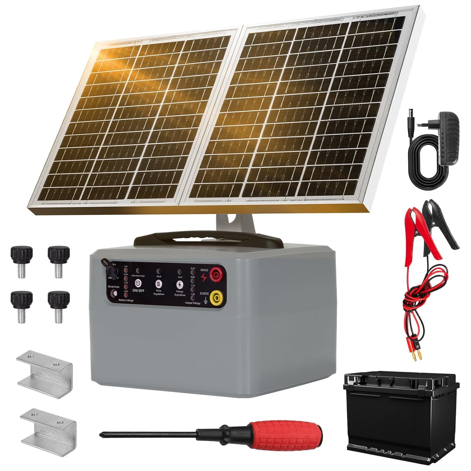Valla eléctrica solar con batería, 48 kv-12 kv, con controlador de pastor alemán de 0,3 a 1,5 J. Valla eléctrica para ganado, granjas, pastos y jardines