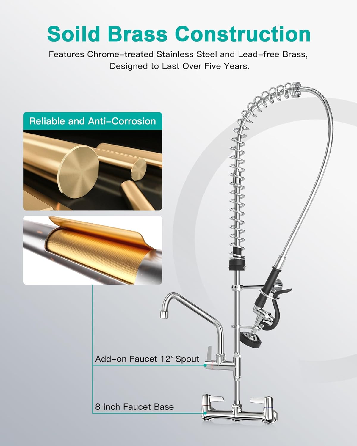 Commercial Faucet with Sprayer Wall Mount : Rnatflu 8 inch Center Commercial Sink Faucet for Restaurant Industrial Kitchen- Height Adjustable (33-42 inch) 3 Compartment Sink (Black Sprayer) - Image 6